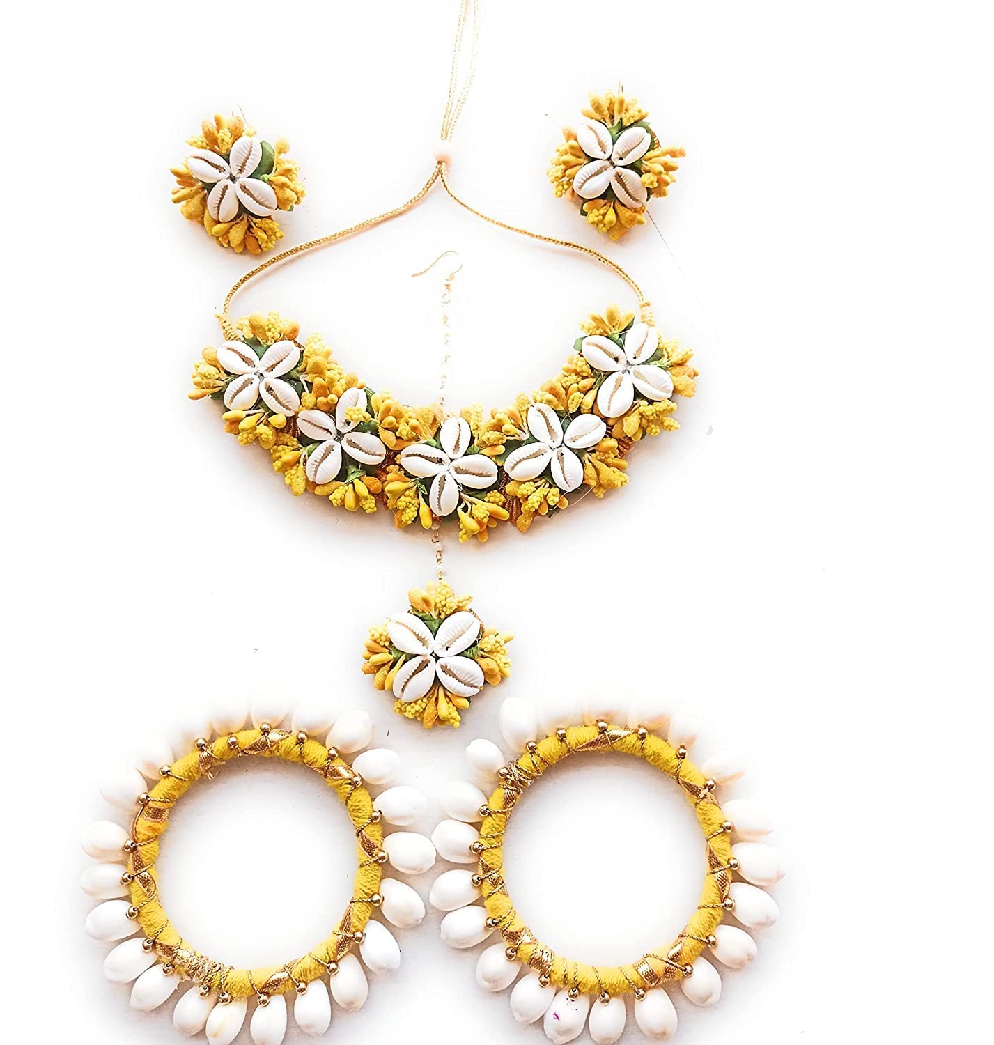 Real Cowrie Shell & Yellow Flower Jewellery, Necklac with Maang Tika and Earrings, Bangles (2.5 inches) for Women and Girls. (B0BM9CZMQ4) Amazon Price History, Amazon Price Tracker
