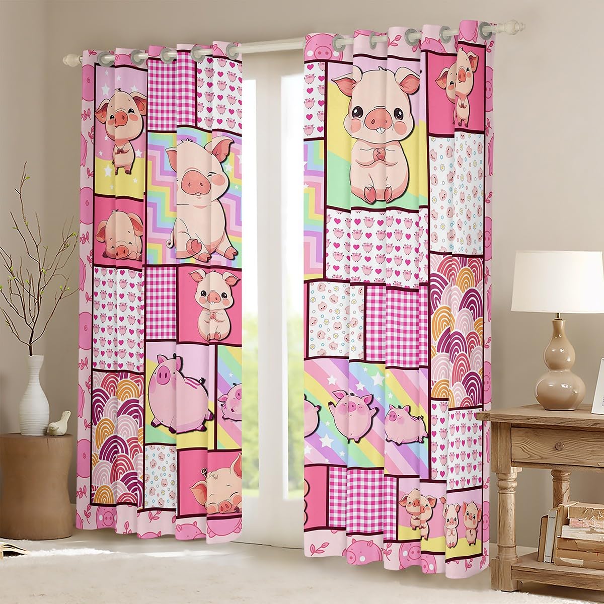 Feelyou Pink Pig Curtains Cartoon Cute Pig Window Curtains for Bedroom Living Room for Kids Boys Girls Geometric Window Drapes Unicorn Window Treatments 38W X 45L,2 Panels