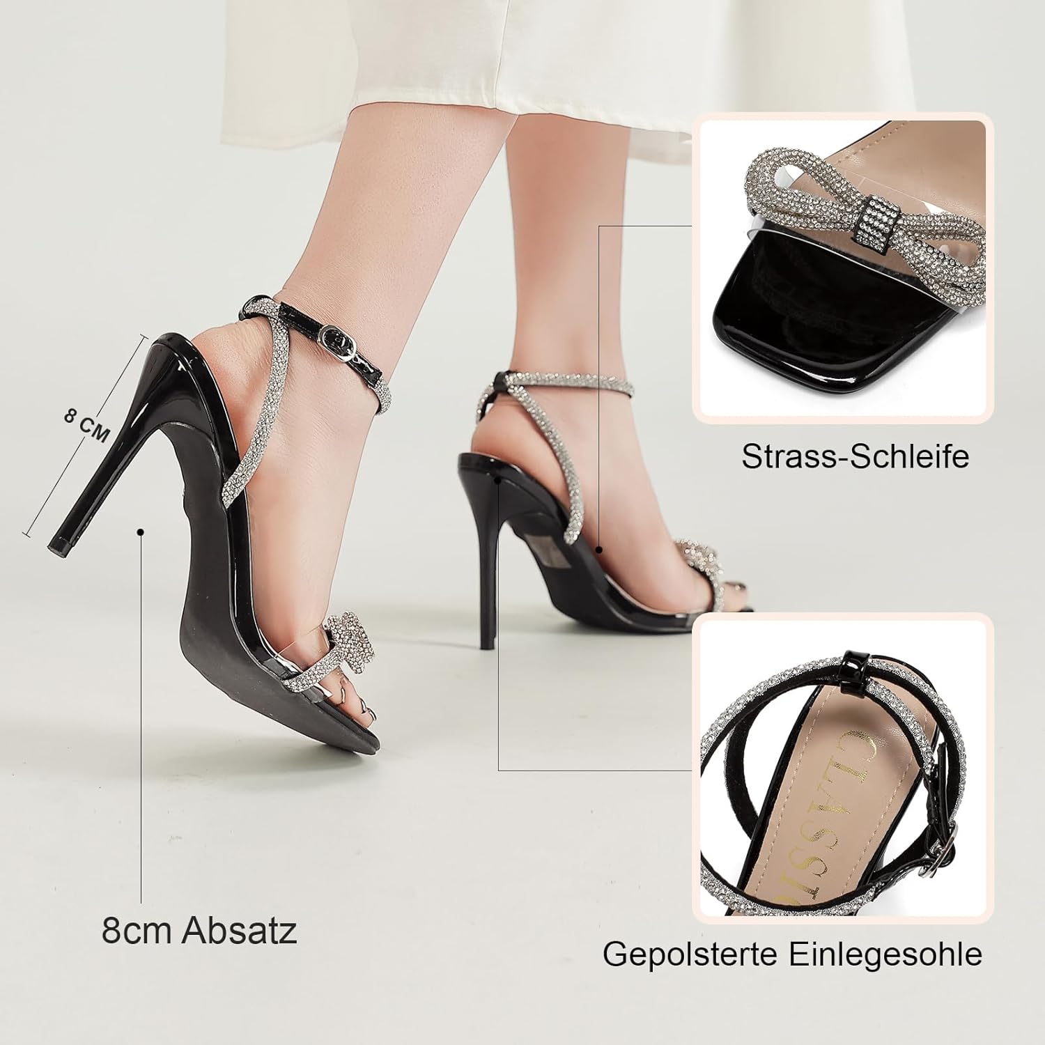 Damessandalen met hak, elegante en comfortabele glitter, hoge hakken, verstelbare enkelriem, riempjessandalen, zomerschoenen, klassieke blokhak, diamantsandalen, zwart, 36 EU