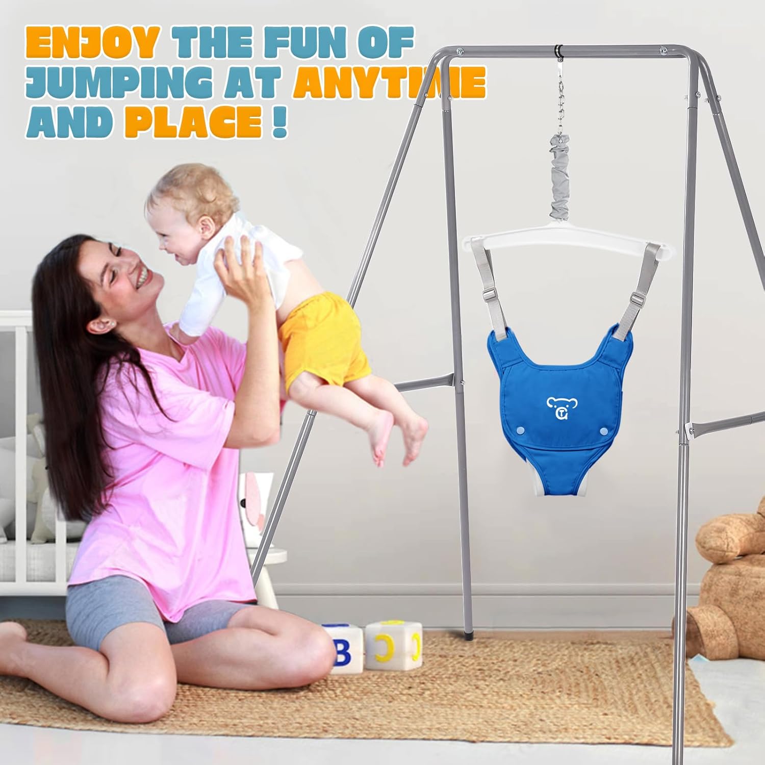 Baby Jumper with Stand, Baby Jumpers and Bouncers, Baby Exerciser Suitable for 6-24 Months, Easy to Assemble & Store Jumper for Baby (Blue)