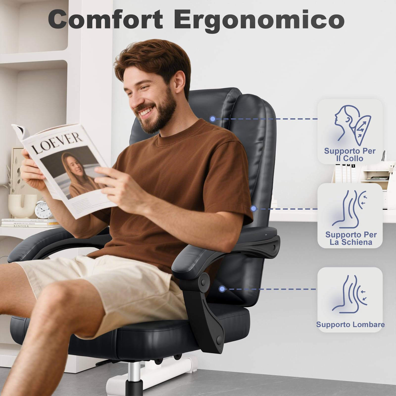 naspaluro Sedia da Ufficio, Sedia Scrivania Ergonomica Con Schienale Alto Inclinato a 135°, Sedie Girevole Confortevole in Pelle Di Alta Qualità, Sedie Sollevabile Con Cuscino a Molla, Nero