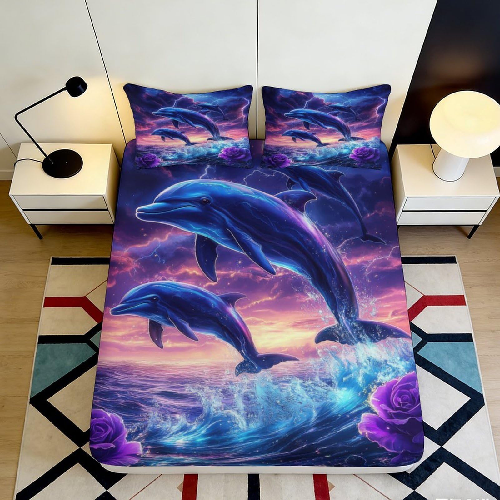 3D Printed Dolphin Ocean Fitted Sheet Microfiber Soft Durable 3D Printed Sea Sunset Bed Cover for Bedroom Dormitory Guest Room Mattress Protection 200x200x25cm