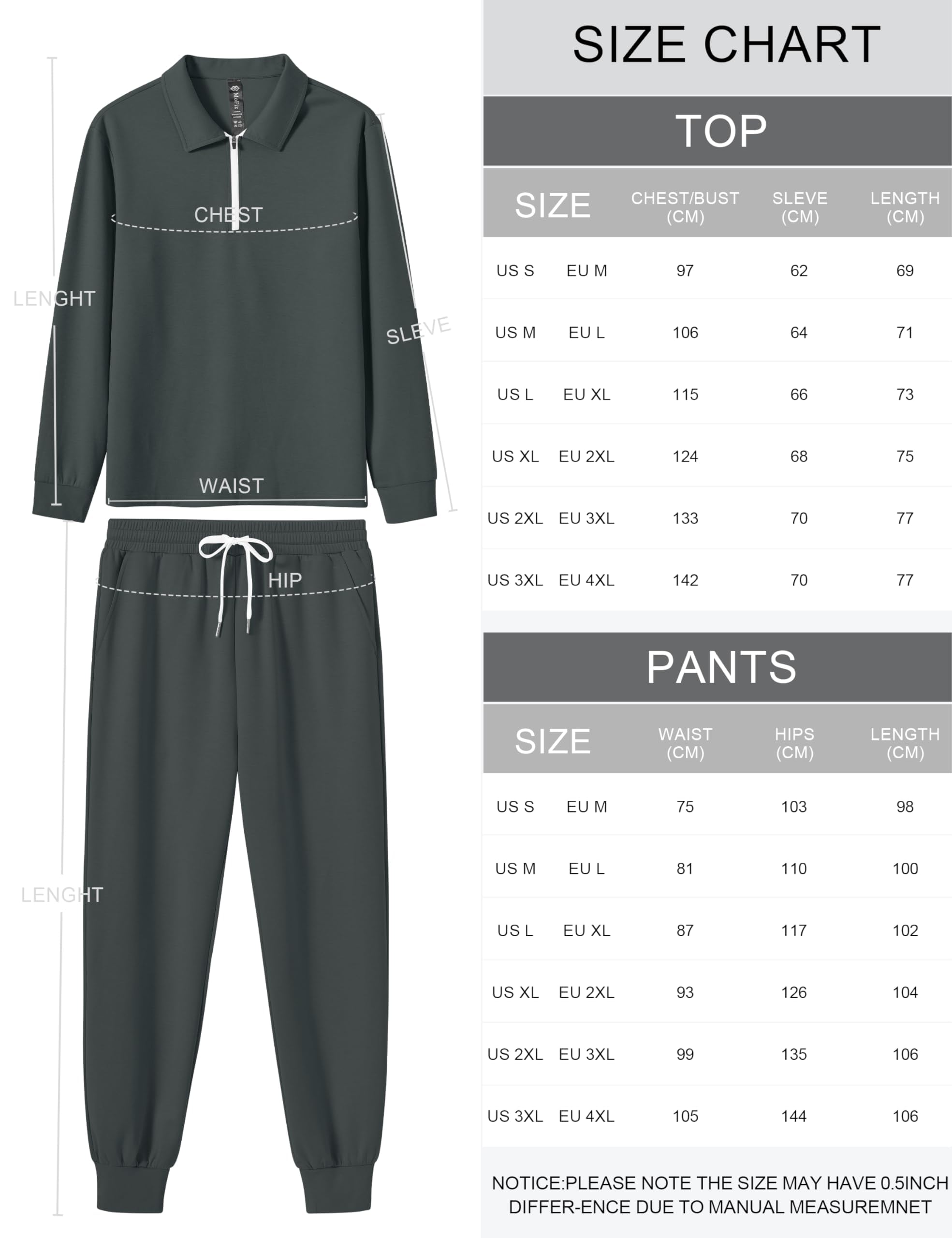 MoFiz Chándal de 2 piezas para hombre, con cremallera de 1/4, manga larga, pantalones de correr, ropa casual para hombre