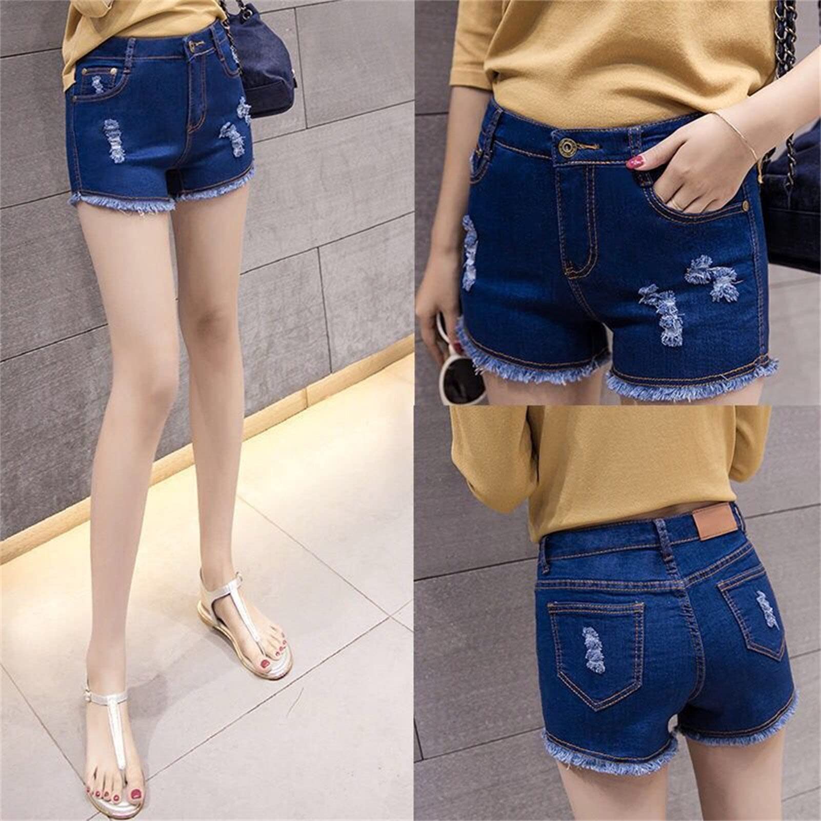 JEKE-DG Mid Rise Jean Shorts for Women Frayed Raw Hem Ripped Distressed Shorts Casual Stretchy Denim Shorts for Summer (Large,Blue)