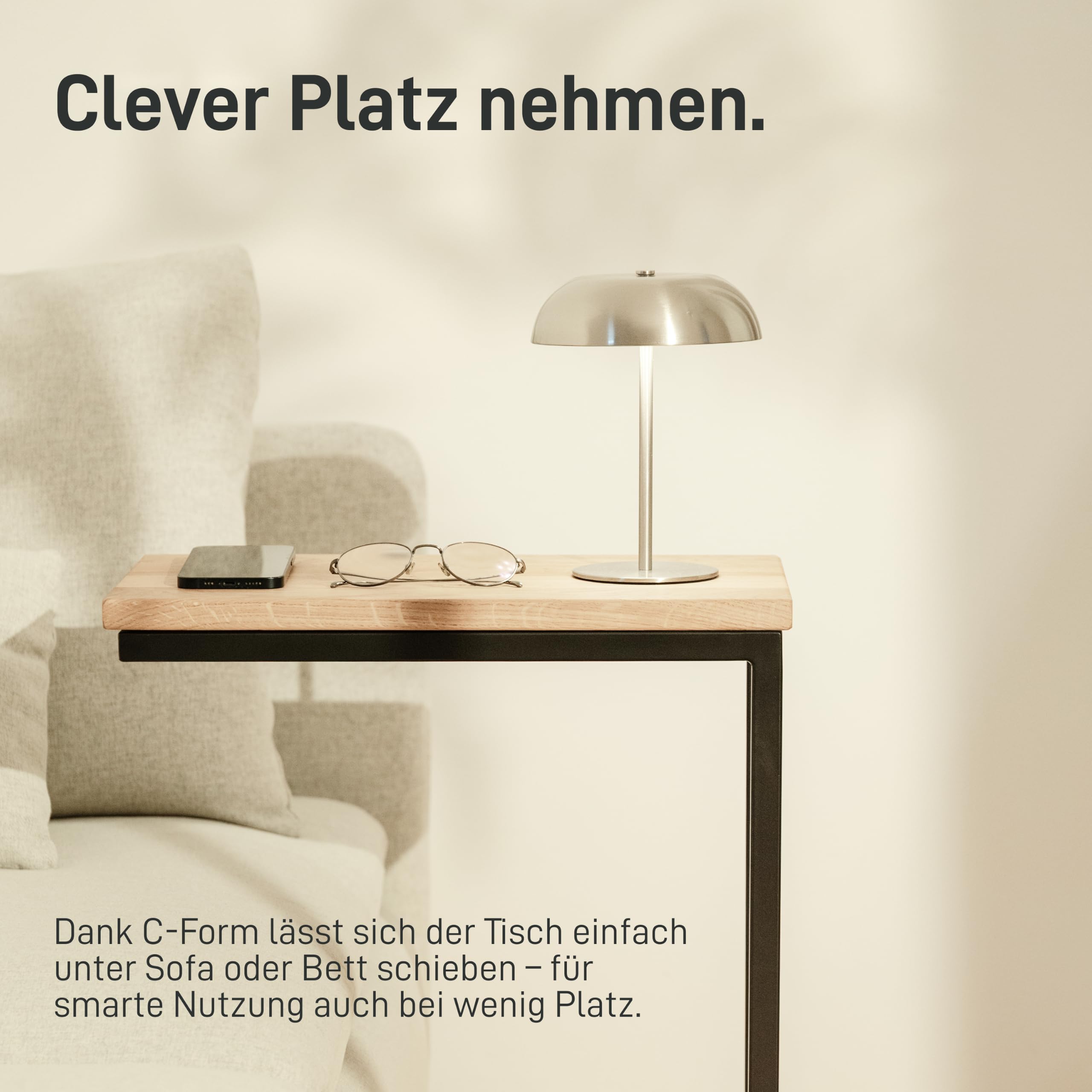 Natural Goods Berlin 1x Beistelltisch C-Form | Laptoptisch aus Metall und Holz | Couchtisch Sofa Kaffeetisch Sessel | praktische Ablage | Nachttisch Unterschieben (mit Tischplatte Eiche, Industrial)