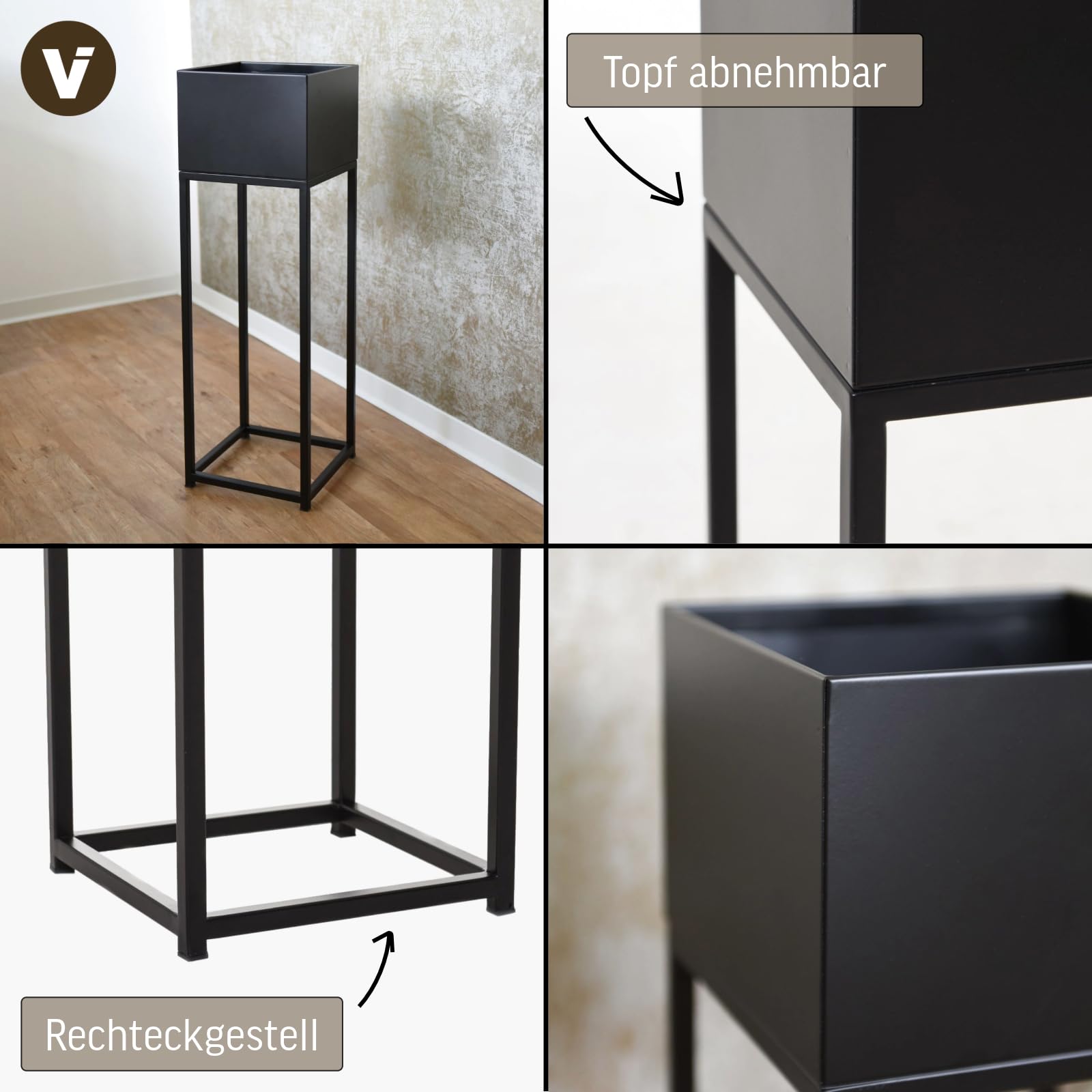 VIVANNO Blumentopf auf Ständer Elevate Square 79 cm, Metall Schwarz
