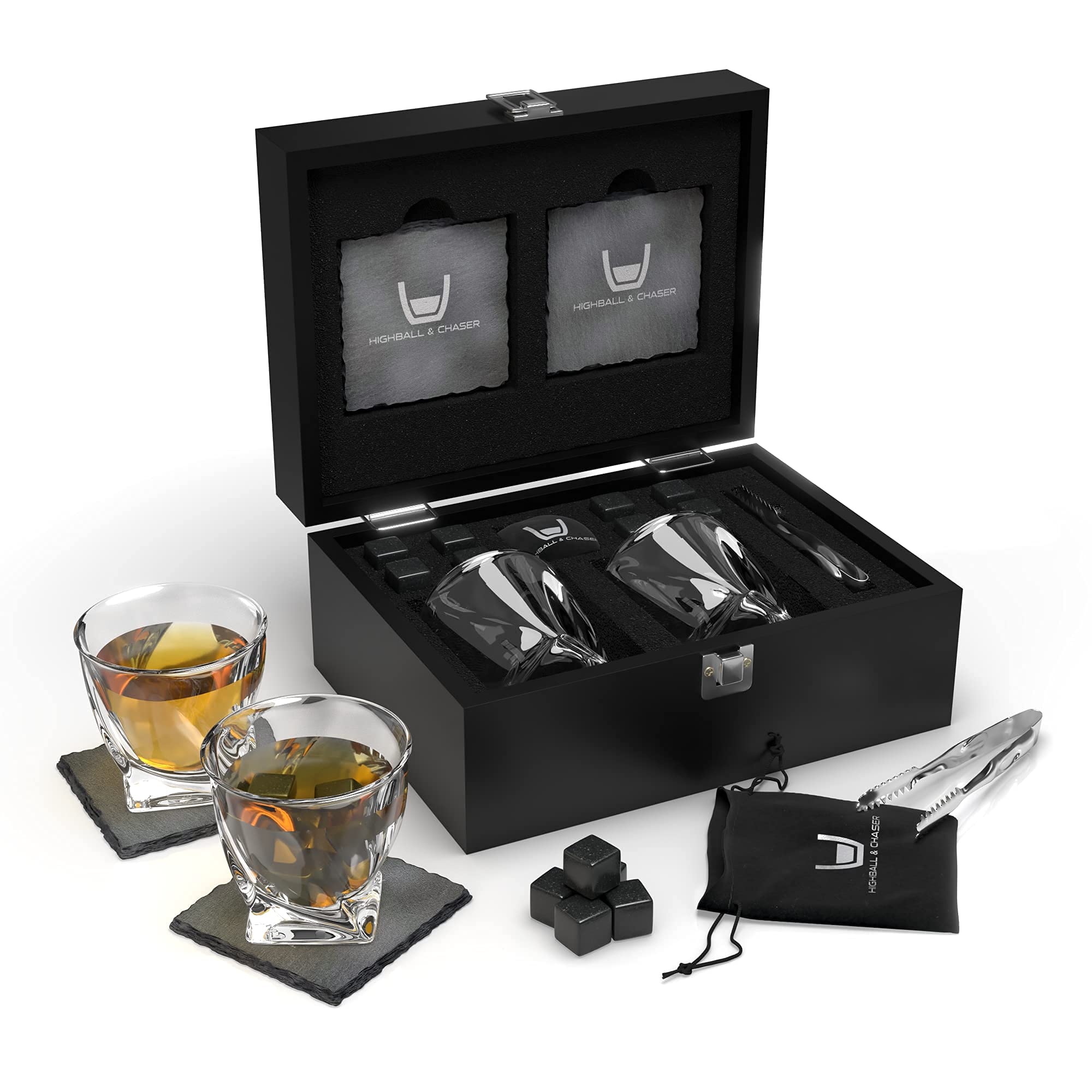 Whiskey Stones Gift Set for Men, Guys, Husband, Fathers Set of 2 10oz Whiskey Rocks Glasses, 8 Granite Chilling Rocks, 2 Slate Coasters, Stylish Durable Black Wooden Gift Box (Twisted)