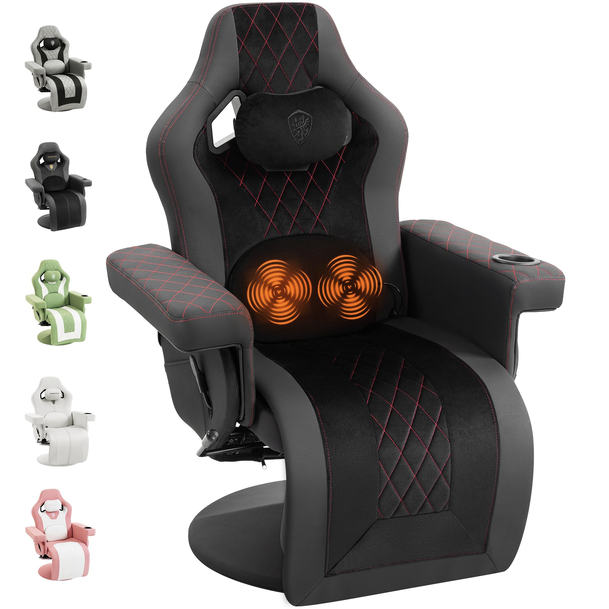 Dowinx Relaxsessel Gaming Sessel mit Shiatsu Massagefunktion, Fernsehsessel mit Liegefunktion 90°–135° und Fußstütze, 360° drehbarer Gaming Stuhl ohne Rollen, Getränkehalter, Seitentaschen-Schwarz Rot