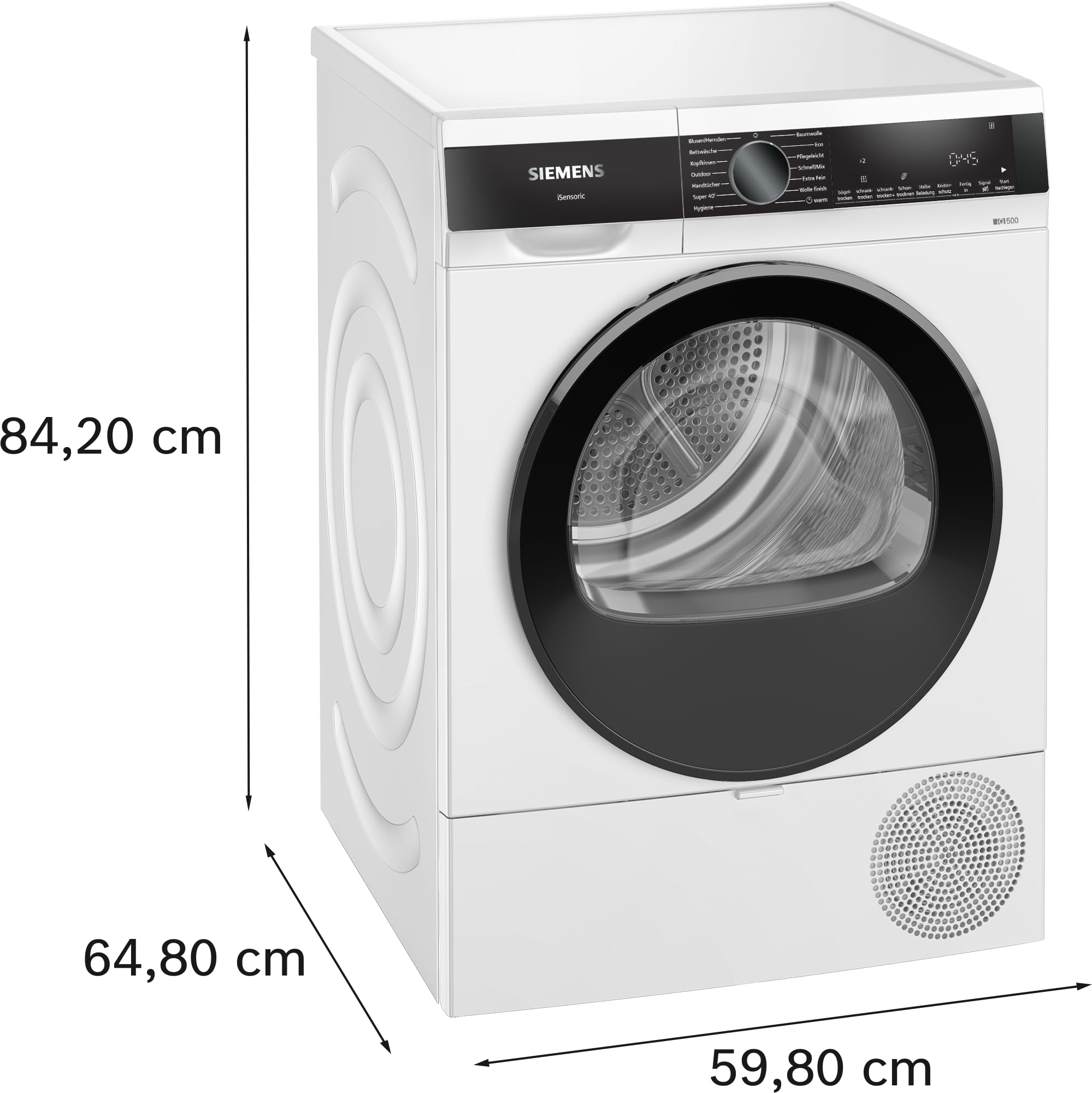 Siemens WQ33G2D41 iQ500, suszarka z pompą ciepła 9 kg, szybkie suszenie dzięki speedPack, AutoDry – delikatne suszenie, połowa załadunku, ochrona przed zagnieceniami, zalecane załadowanie, wyświetlacz