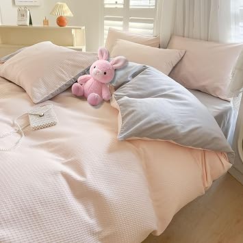 Twin Size 4PCS Bedding Set, Polyester Sheet Set, Two Tone Solid Color, Flat Sheet, Duvet Cover60" x 79" and Pillowcases, Light Pink Light Gray