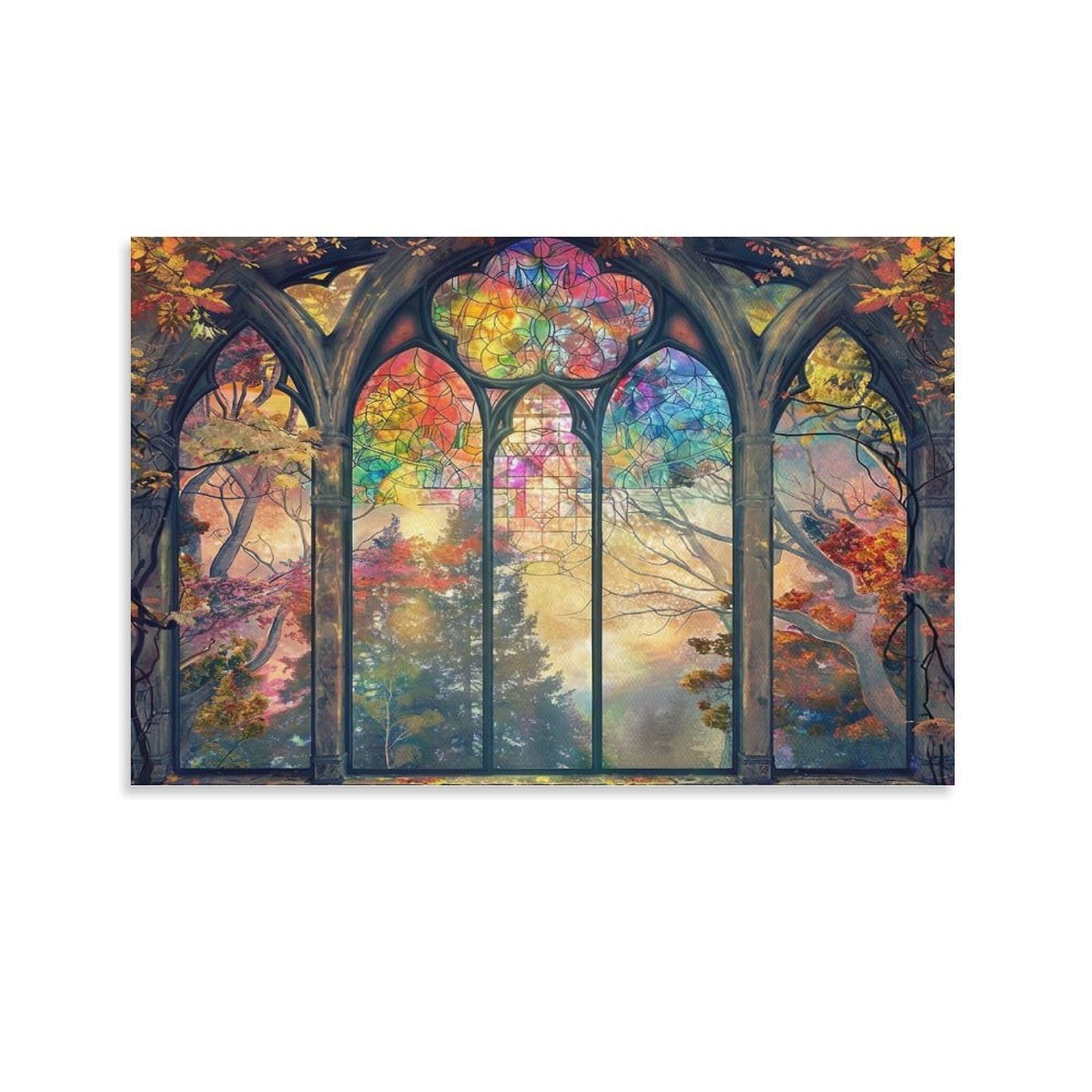 CPLVKWRQJ Stained Glass Window Single Piece Gothic Window Autumn Forest Stained Glass View Canvas Wall Decor - Kitchen Removable Wall Art Multi-Purpose Ready to Hang 20x30inch(50x75cm)