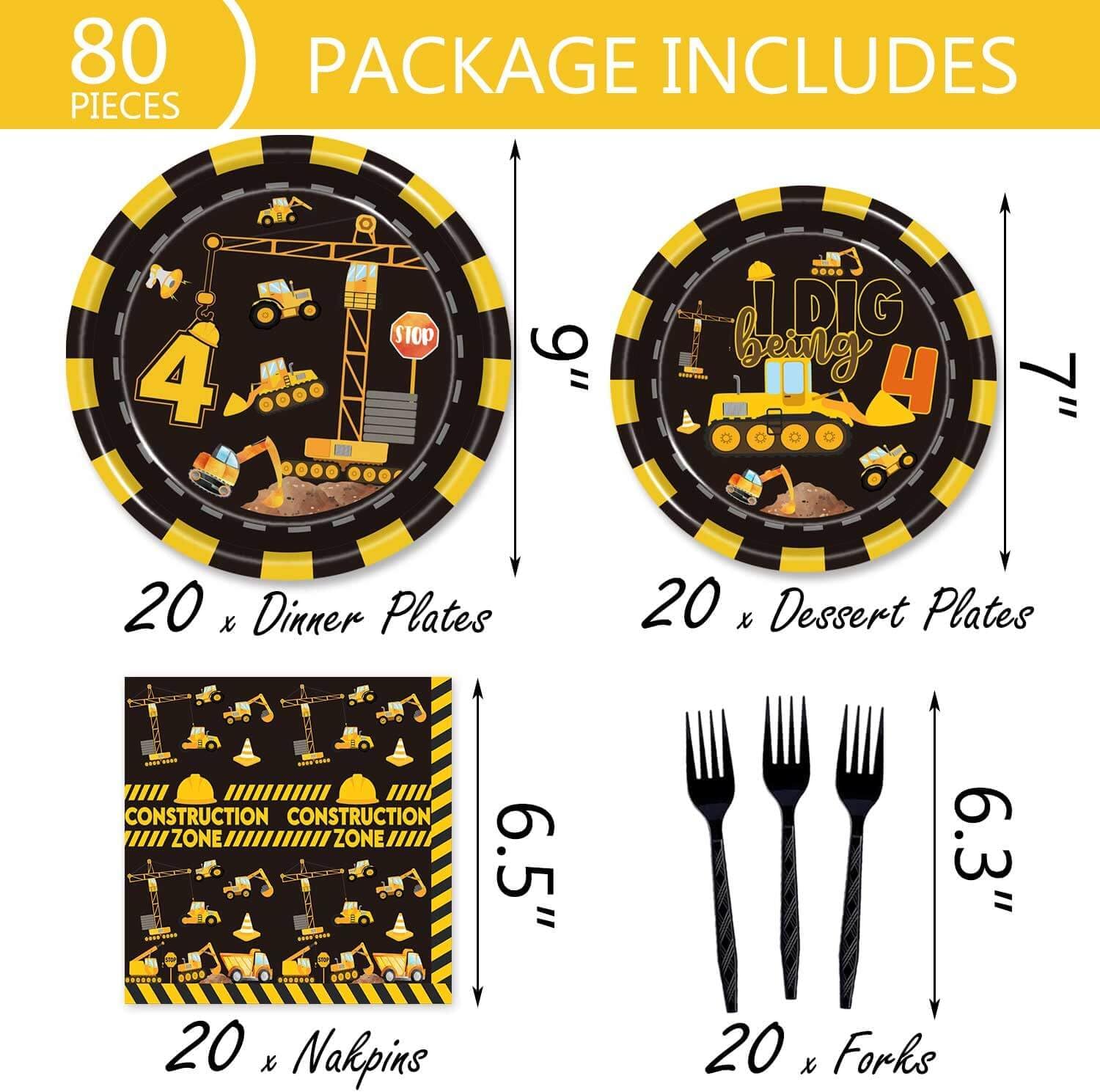 80 Pcs Construction 4th Birthday Party Supplies Dump Truck Theme Four Decorations Tableware Includes Plates, Napkins, Forks for Boys Construction Four Years Old Birthday Party Decorations Favors - Image 5