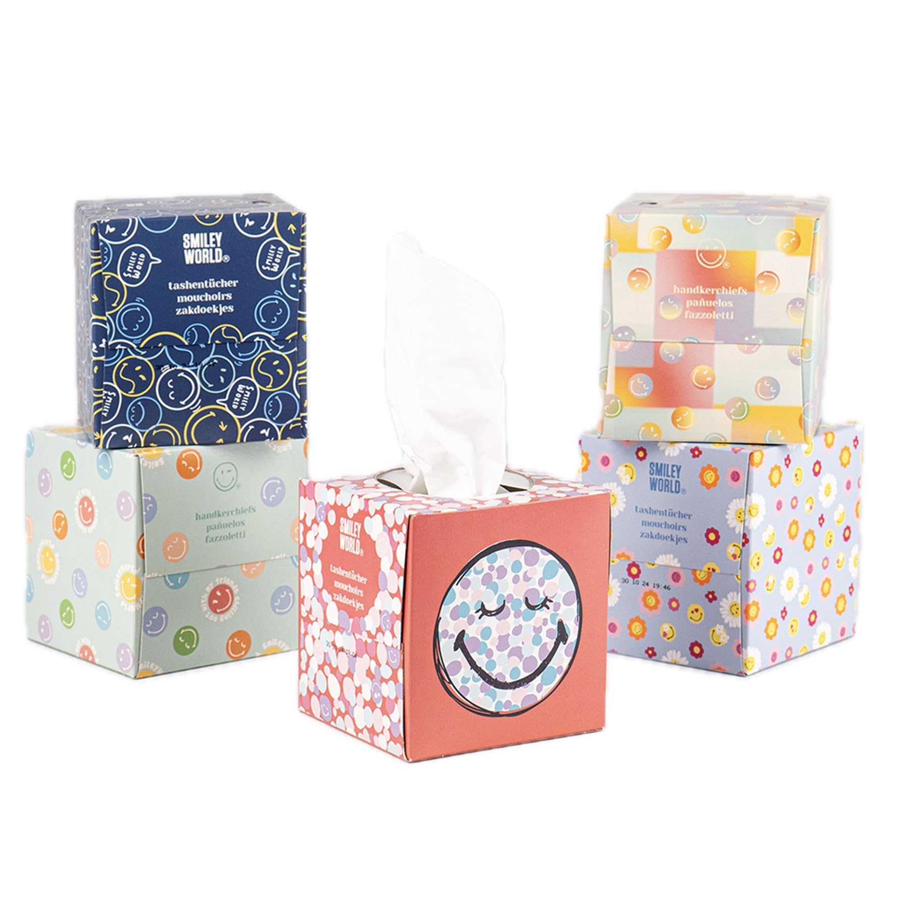 SmileyWorld - Ultra Soft Taschentücher – 20 Würfelboxen x 48 Blatt (960 Blatt gesamt) – Weich, saugstark und dekorativ – Papiertaschentücher (Mehrfarbig)