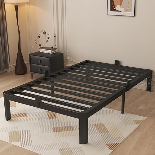 Miniatura 12 de Base de cama de tamaño matrimonial de 16 pulgadas, marco de cama matrimonial negro con deflectores antideslizantes, no necesita somier, soporte de