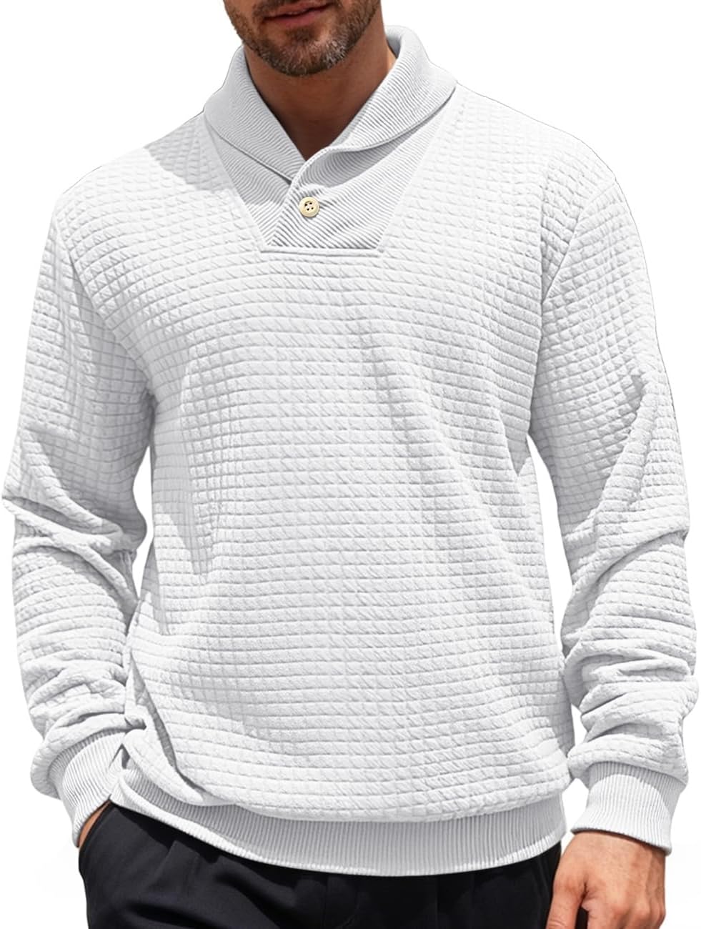QOSOQ Men's Shawl Collar Sweaters Long Sleeve Button Turtleneck Sweater Textured Waffle Pullover