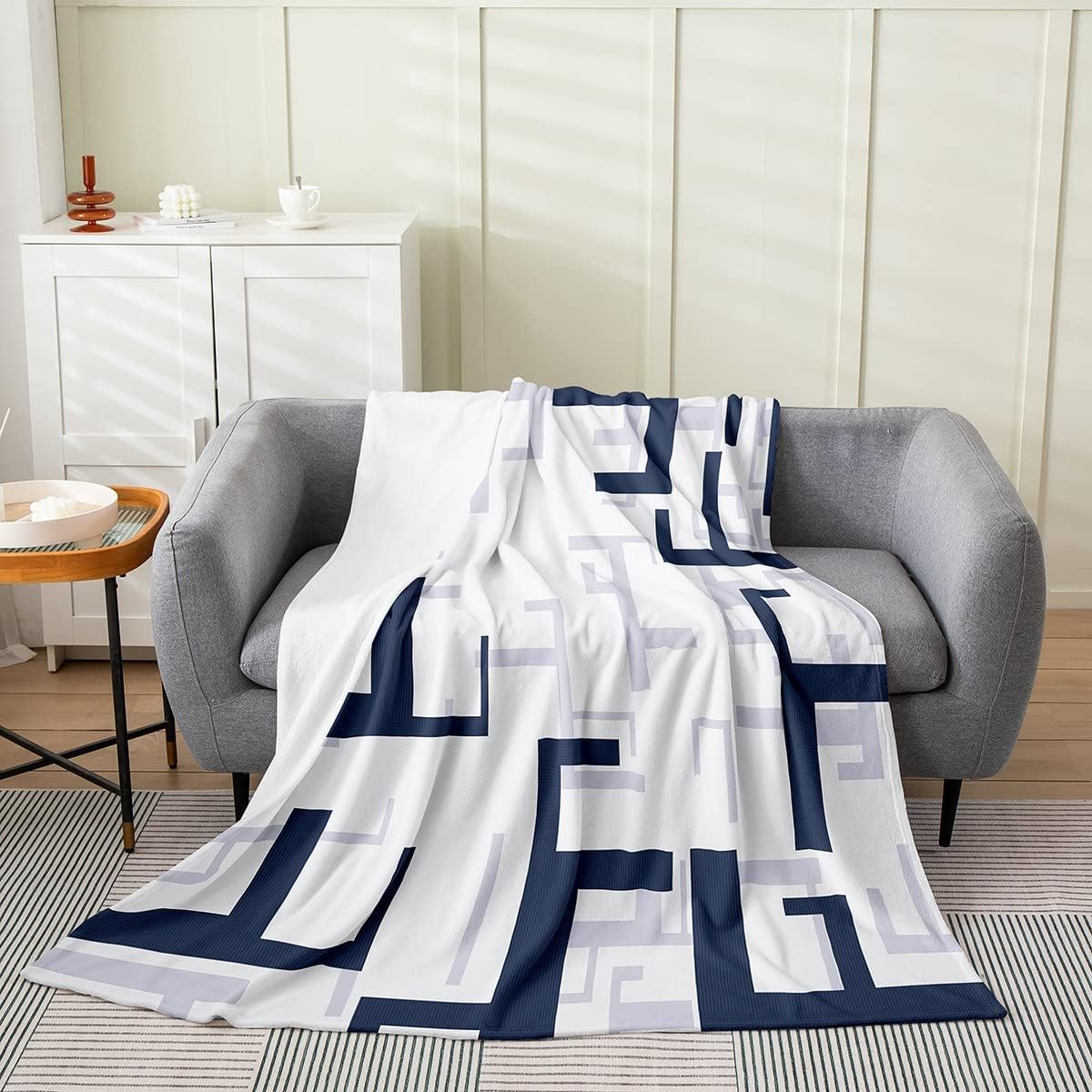 Modern Geometric Plush Blanket Navy Blue Geometry Stripe Line Flannel Fleece Blanket for Bed Sofa Abstract Art Throw Blanket Super Soft Luxury Fuzzy Blanket Room Decor Flannel Blanket Queen