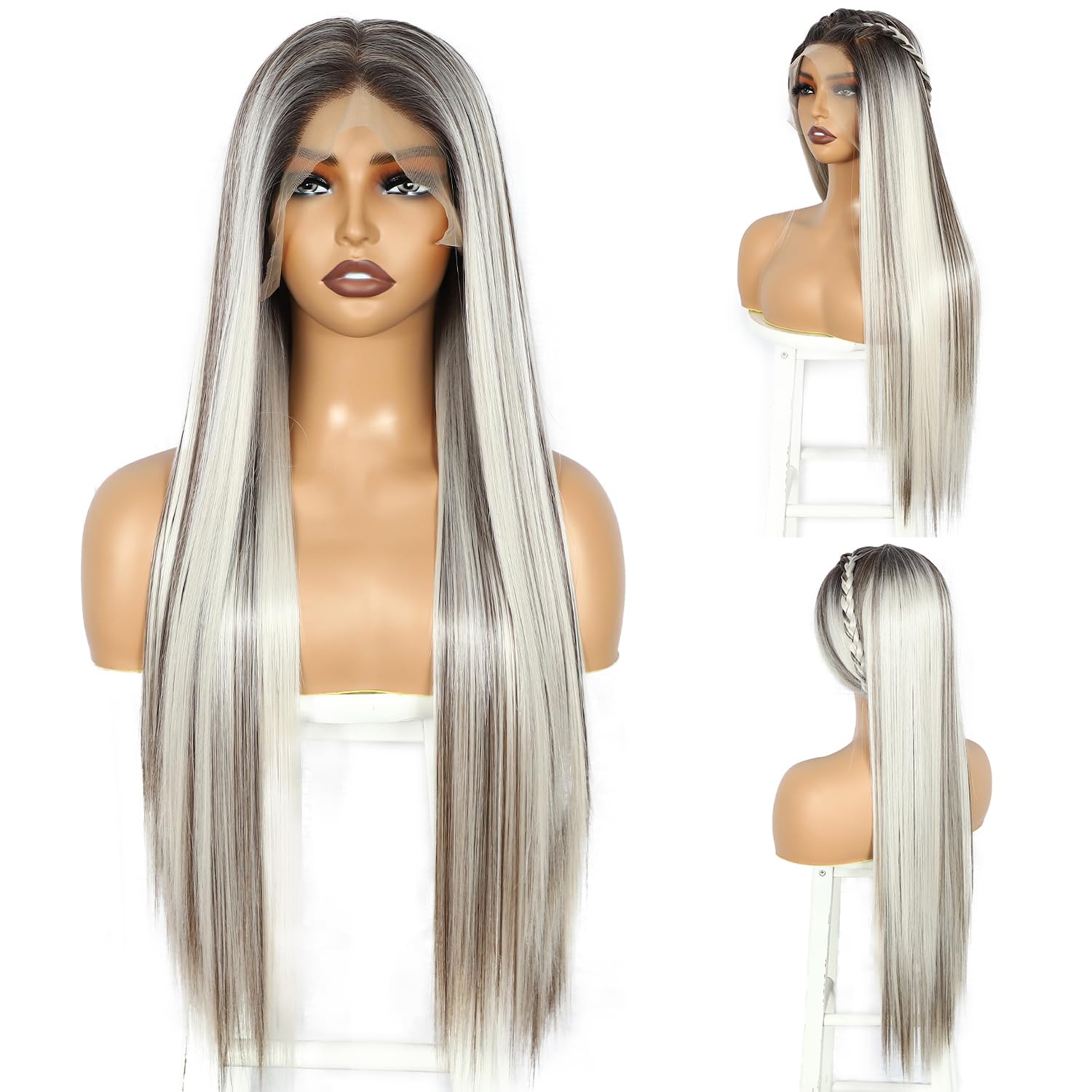SOMIARIK Platinum Blonde Lace Front Wigs for Women 13x6 Brown Highlight with Dark Roots Synthetic Lace Front Straight Wigs Pre plucked with Natural Hairline for Daily Use 26 Inches - Image 2
