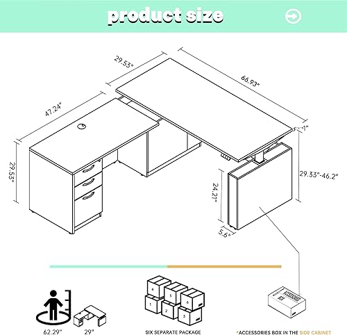 Miniatura 3 de Escritorio ejecutivo en forma de L ajustable de altura de 66.93 pulgadas con marco premontado, cajones y estantes (gris)