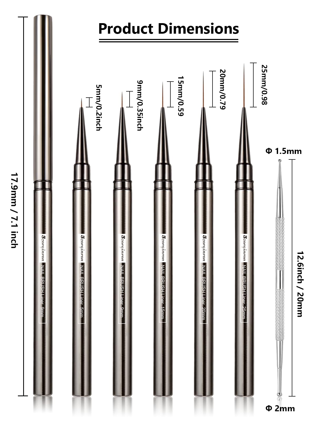 Pennello per nail liner, pennelli per nail art a linea fine 5/9/15/20/25 mm Pennello per unghie sottile per disegno dettagliato, pennello per unghie gel