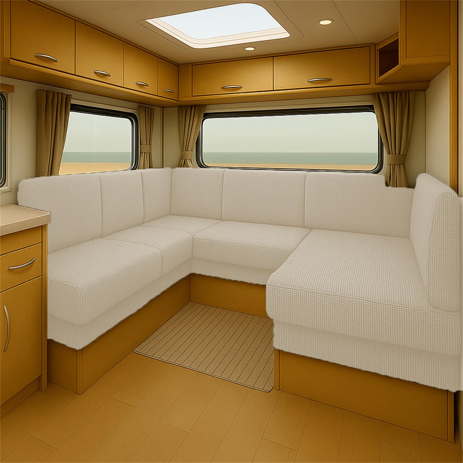 CDPTD Elastic Caravan Seat Cushion Cover for RV Bench Camper Sofa Jacquard Slipcover with Straps Washable Non-Slip Pads Dinette Pads Protector Campervan Chair Seating (Beige,W50-65 * L 140-190cm)