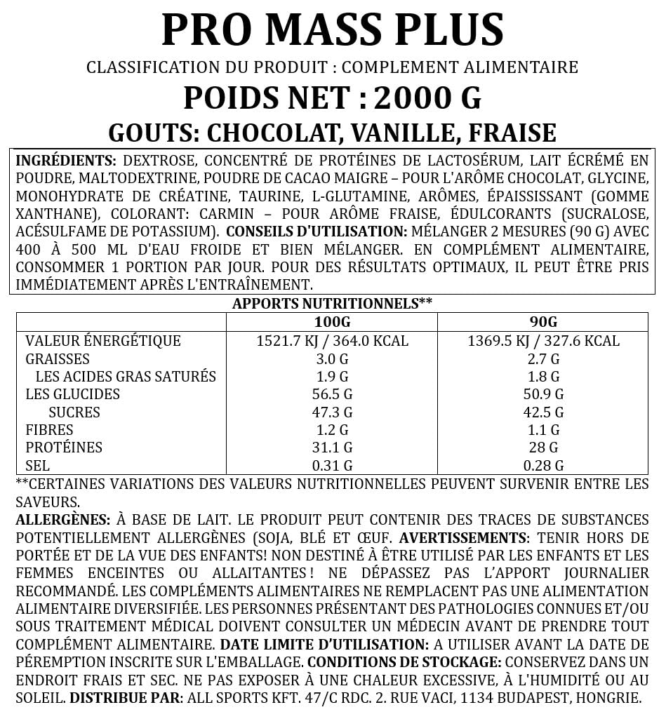 ASL PRO MASS Fraise - Gainer Prise de Masse & Muscle Sec - Protéines & Glucides Complexes - Créatine, Taurine & Glutamine - Digestion Optimisée - Idéal Prise de Poids & Récupération - 2 kg