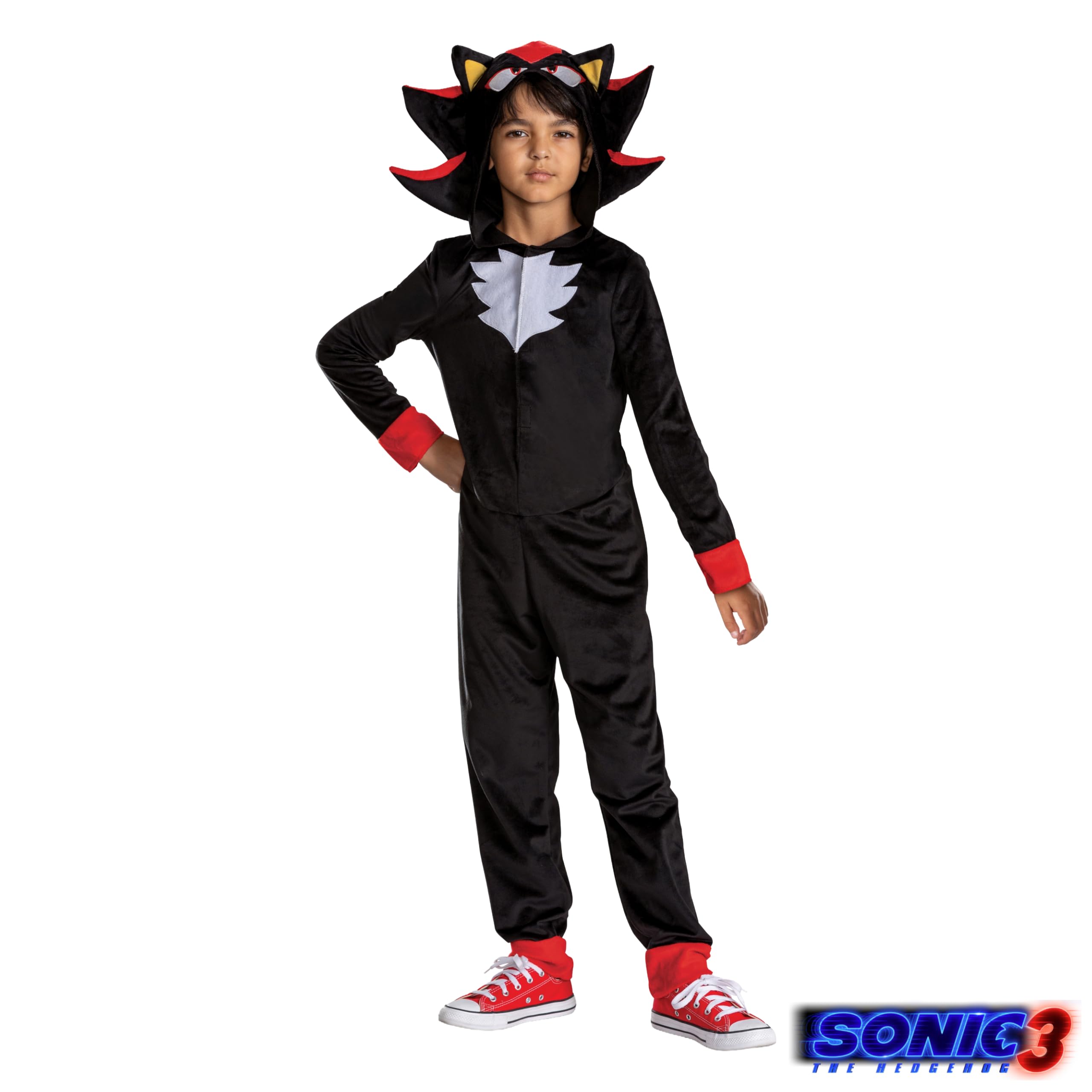 DISGUISE Sonic 3 Shadow Fancy Dress Jumpsuit for Kids, Official Sonic the Hedgehog by, Soft Fabric, Fabric Hood with Dimensional Quills and Ears, Unisex, for Ages 4-5, 7-8 and 10-12 years