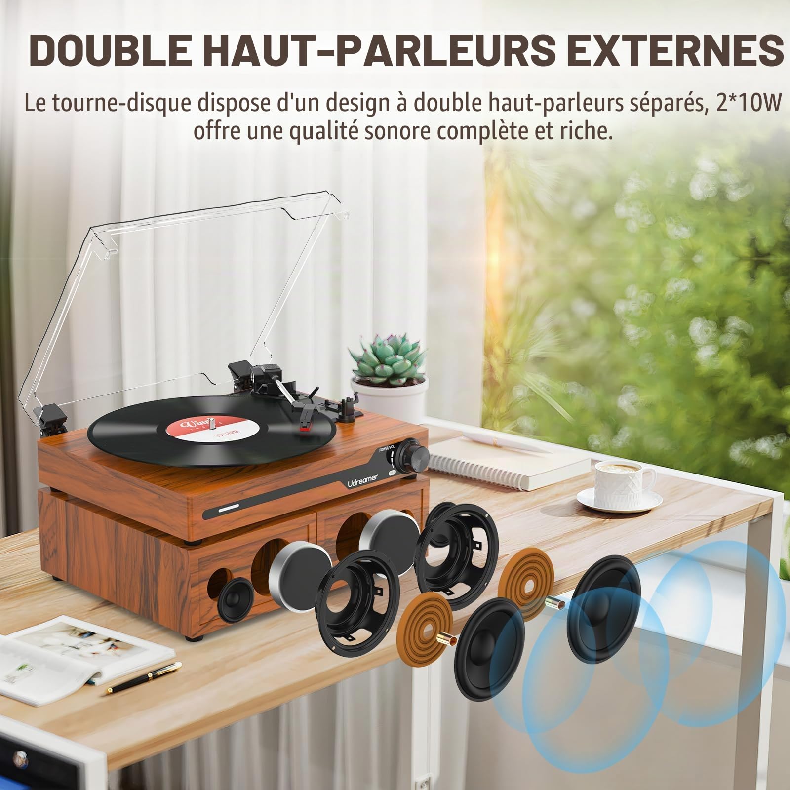 Udreamer Platine Vinyle avec 2 Haut-parleurs Stéréo Doubles, Vintage Tourne-disqu Bluetooth 5.3 Prend en Charge 3 Vitesses, Entrée Auxiliaire, Ligne RCA, USB,Lecture sans Fil, Marron