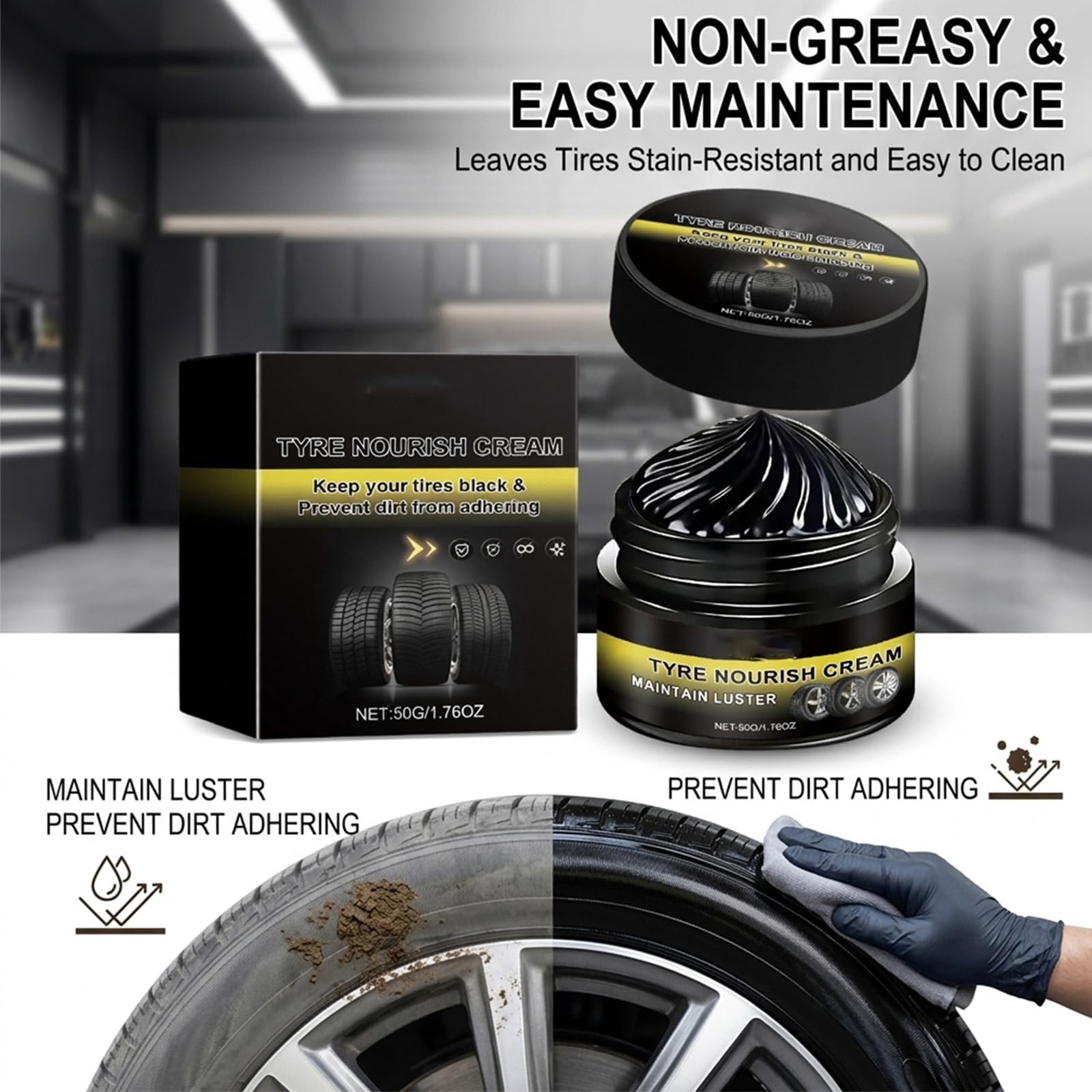 Tyre Nourish Cream – Tire Wax & Tyre Shine, Rim Refurbish Wax, Car Tire Dressing for Black Gloss Restoration and High Shine (2PC) — view 3