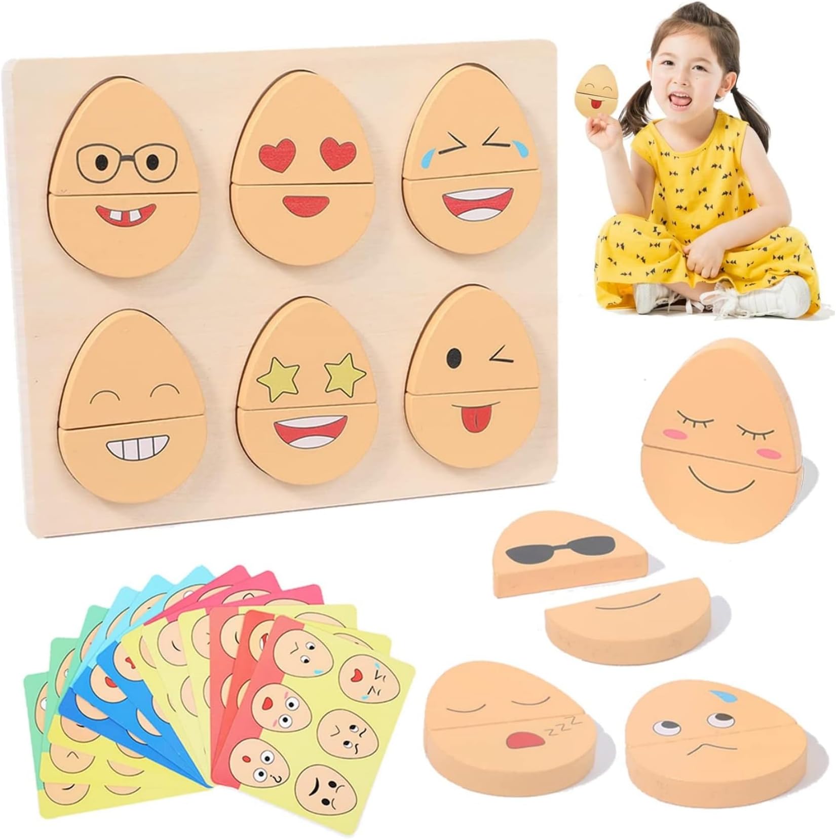 Toddlers Wooden Emoji Matching Game,32 in 1 Preschool Kids Wood Gifts,Autism Sensory Educational Toys for Boys Girls Age 3-5, Stocking Stuffers for Kids