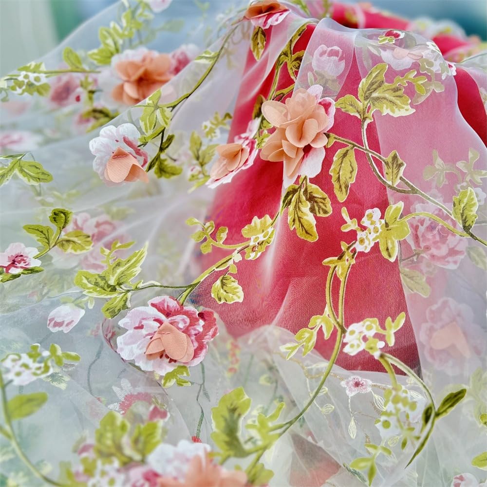 4 jardy x 130 cm, organza z haftem 3D, materiał organzy z nadrukowanymi gałązkami drzew i kwiatami, materiał dekoracyjny do majsterkowania, rzemiosła, na wesele, imprezę, do ubrań, kolor