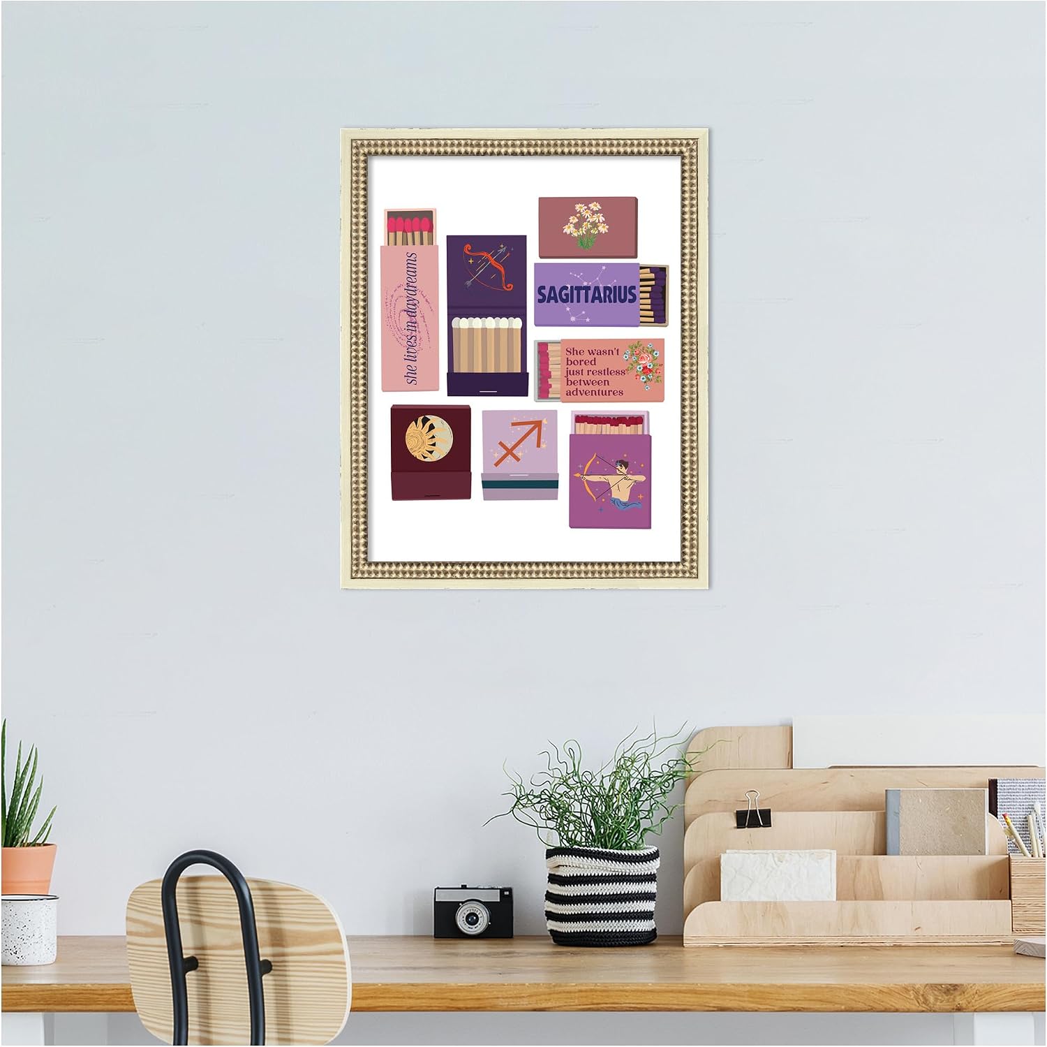 Kate and Laurel Framed Wall Art Print Sagittarius Matchbooks 14x18 FC by Megan Ryan, 16 x 20, Castellan Distressed White Frame, Whimsical, Typography Art for Wall Decor