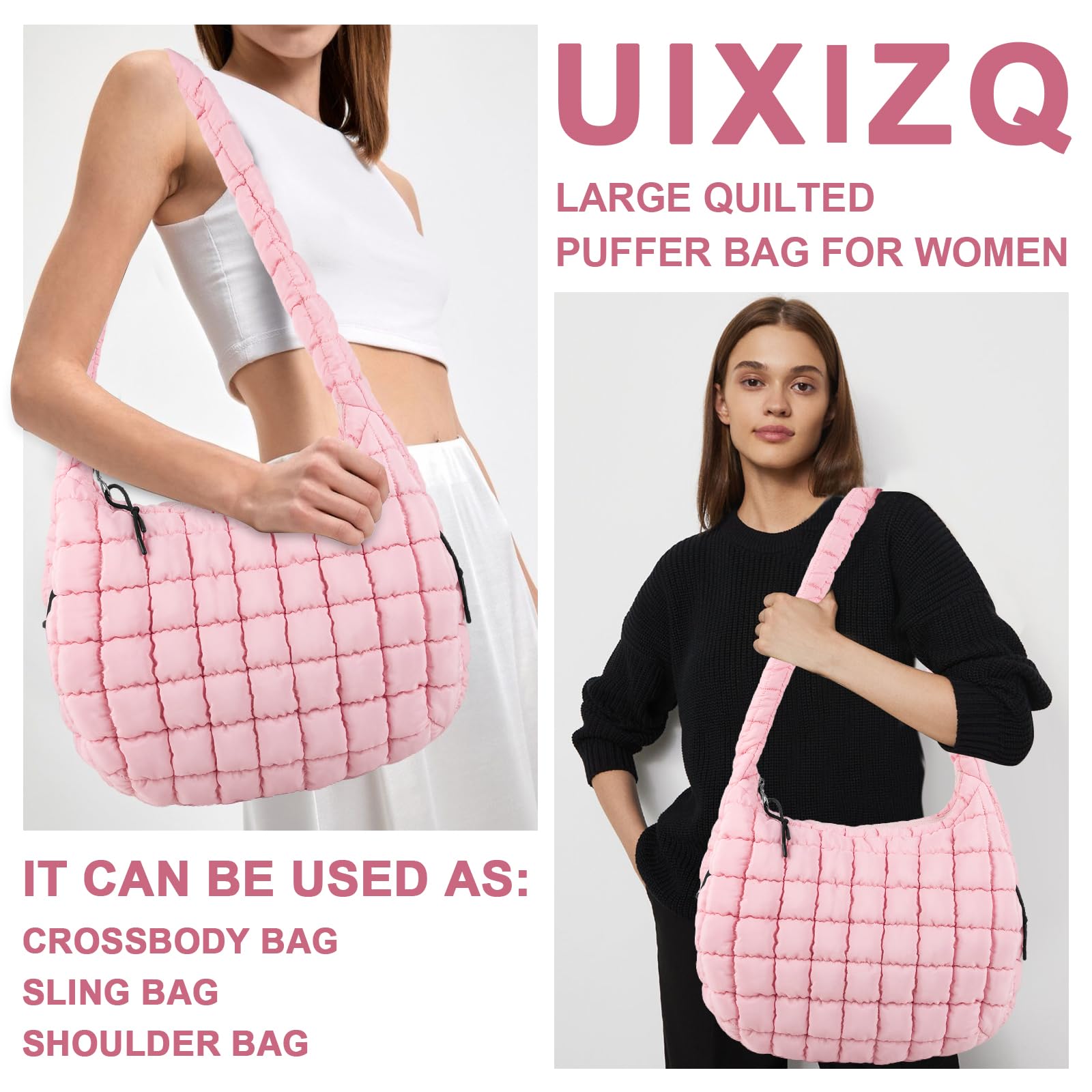 Bolso de mano acolchado tipo hobo de nailon ligero para mujeres y niñas