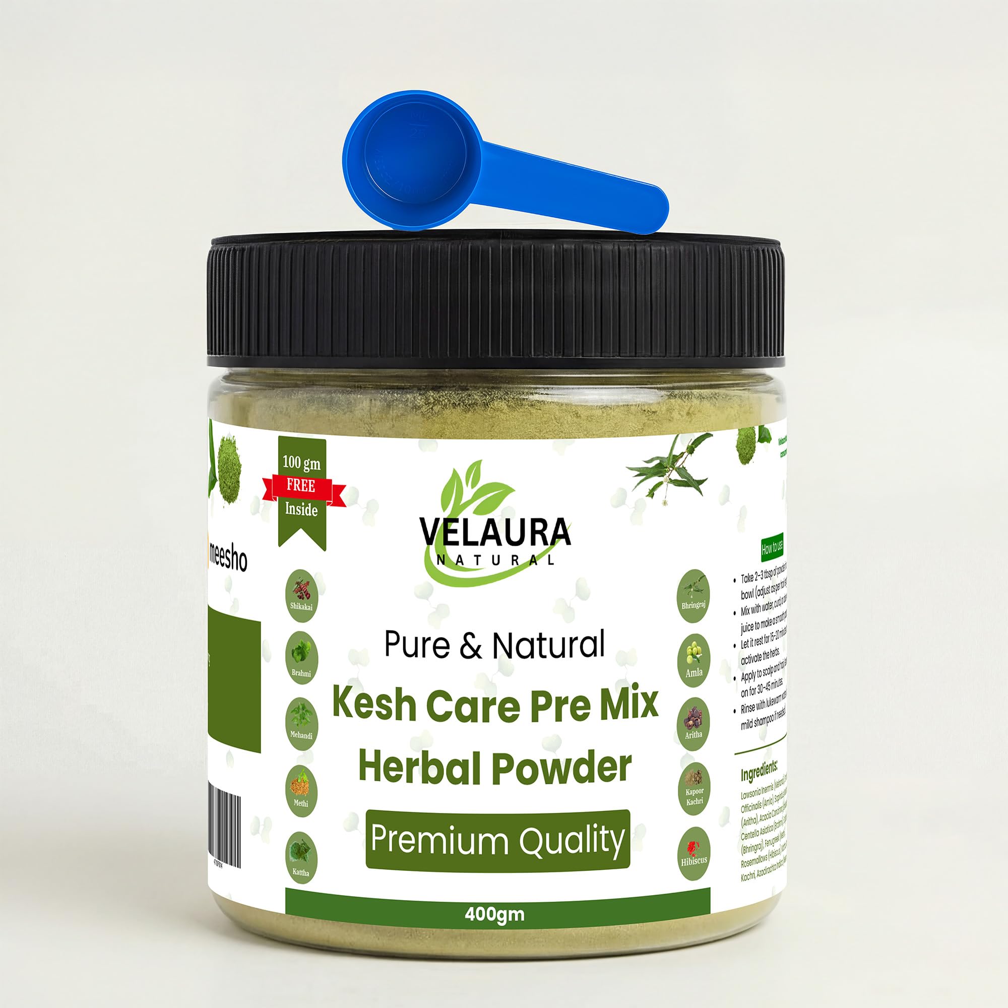 Velaura Natural Kesh Care Herbal Hair Pack 300g+100gm FREE Inside | Henna, Amla, Bhringraj, Hibiscus, Shikakai, Reetha, Neem & More | Pre-Mix Powder for Hair Fall Control, Dandruff, Hair Growth & Shine – Value Pack-image-13