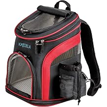 Katziela Pet Carrier Backpack - for Small Dogs and Cats - Water Bottle, Waste Bag and Storage Pouches, 3 Mesh Windows, Leash Hook - 3 Option Top Open, Mesh or Shade - Bonus 2 Poop Bag Rolls Red