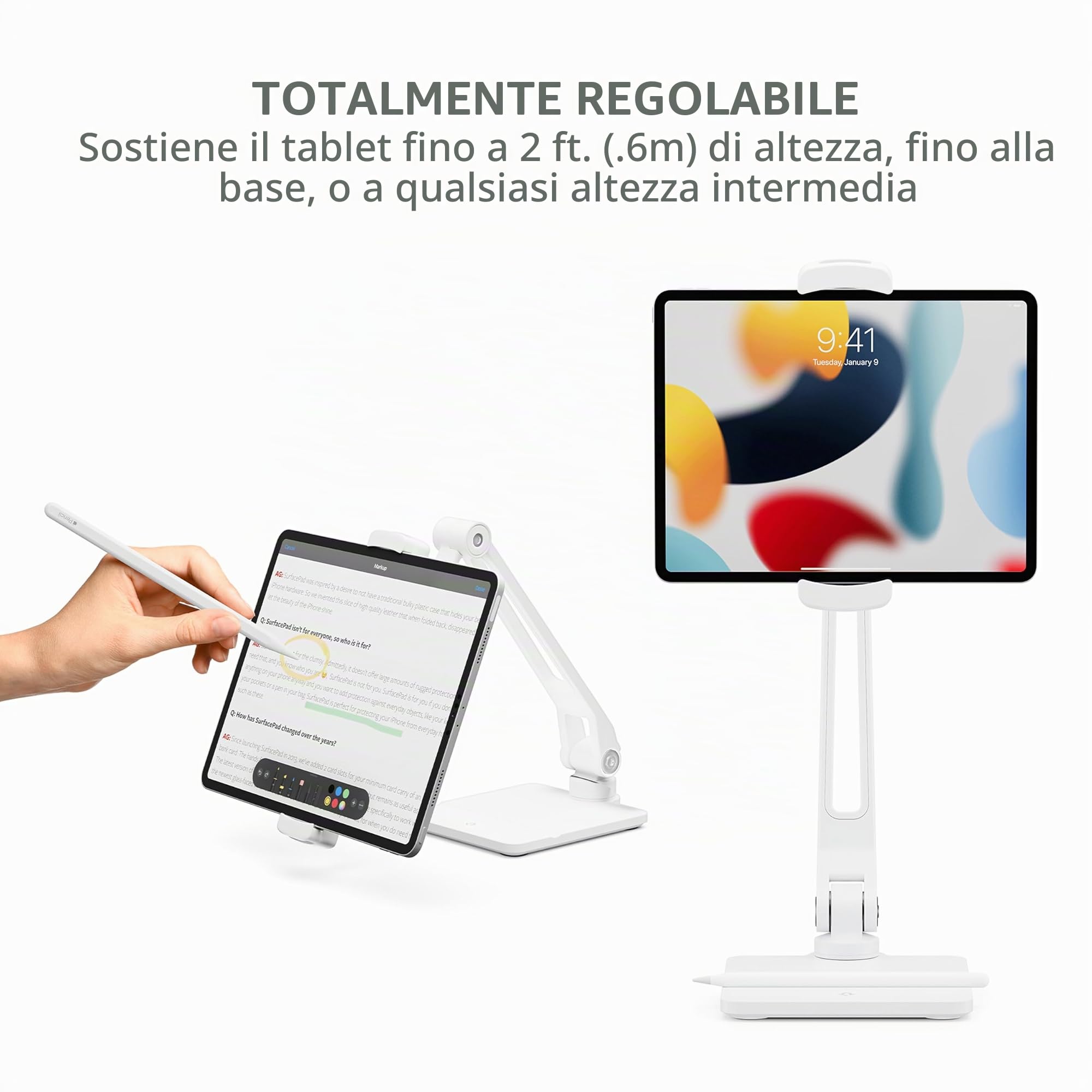 Twelve South HoverBar Duo (2a generazione) per iPad/iPad Pro/Tablet, braccio regolabile con nuova base ponderata a sgancio rapido e attacchi a morsetto per il montaggio dell'iPad (bianco)