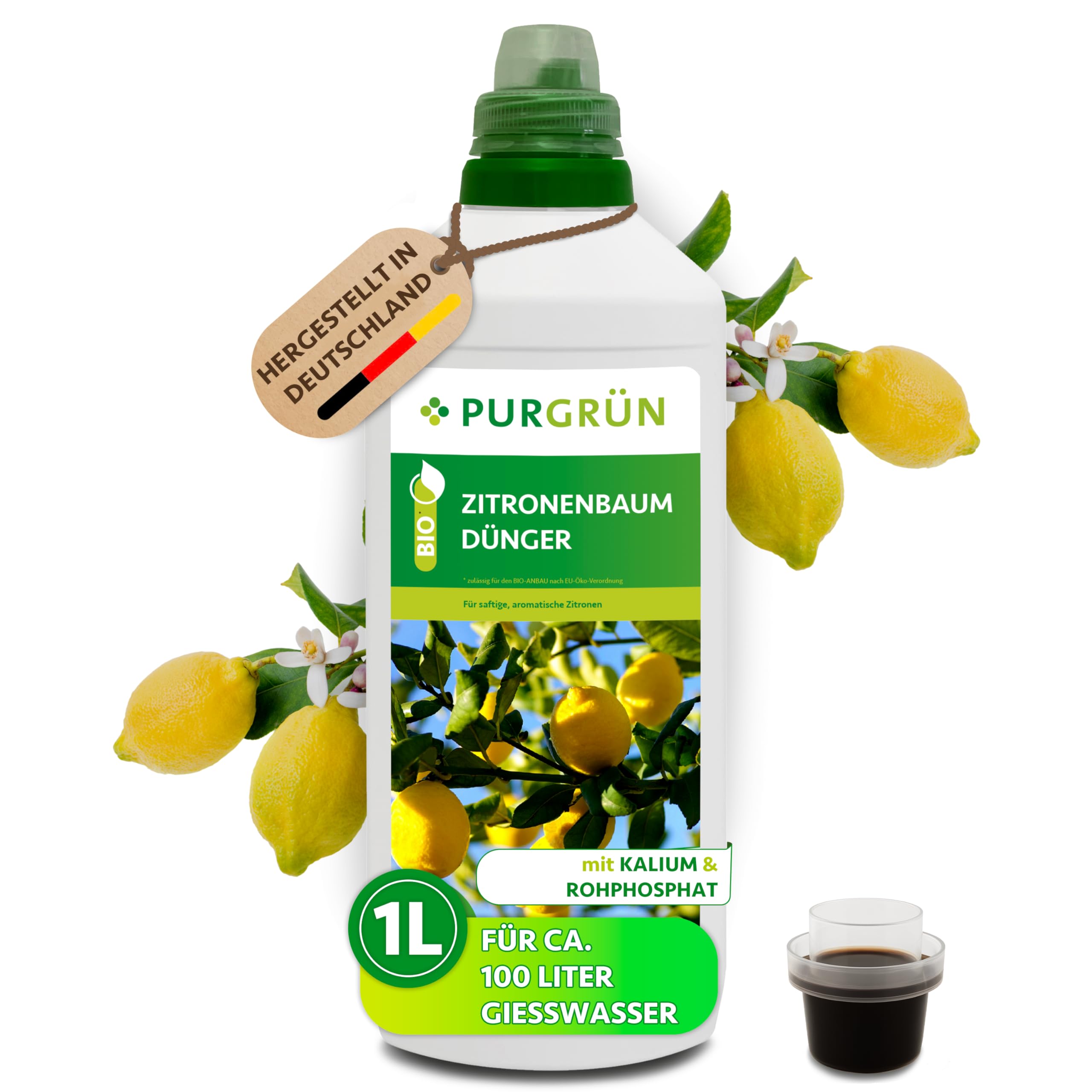 Bio-Zitronenbaum-Dünger 1 Liter – Steigert Ertrag, Aroma & Vitalität mit Phosphor – Verbesserte Widerstandskraft dank extra Kalium – Bio-zertifiziert – Konzentrat für 100 Liter Gießwasser