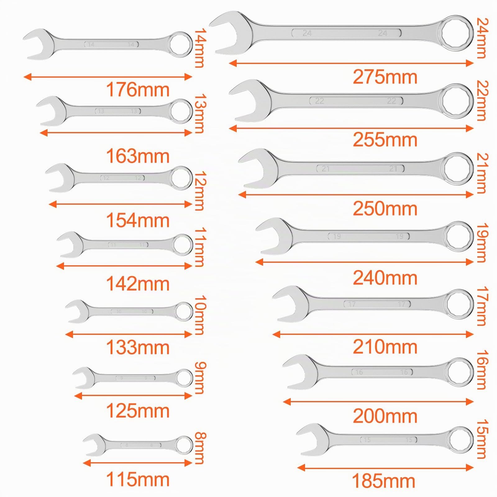 Mesybveo 14 Piezas Juego de Llaves Trinquete Combinadas, 8-24mm Llaves Fijas con Carraca de Acero al Cromovanadio, Llaves Planas de 12 Dientes con Funda Enrollable, para Fijar y Desmontar