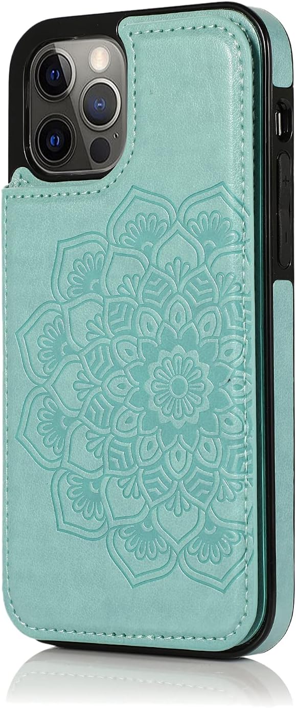 for iPhone 12 iPhone 12 Pro Open Camera Hole Luxury Side Magnetic Button Card Id Holder Pu Leather Case Cover - Teal Mandala Flower