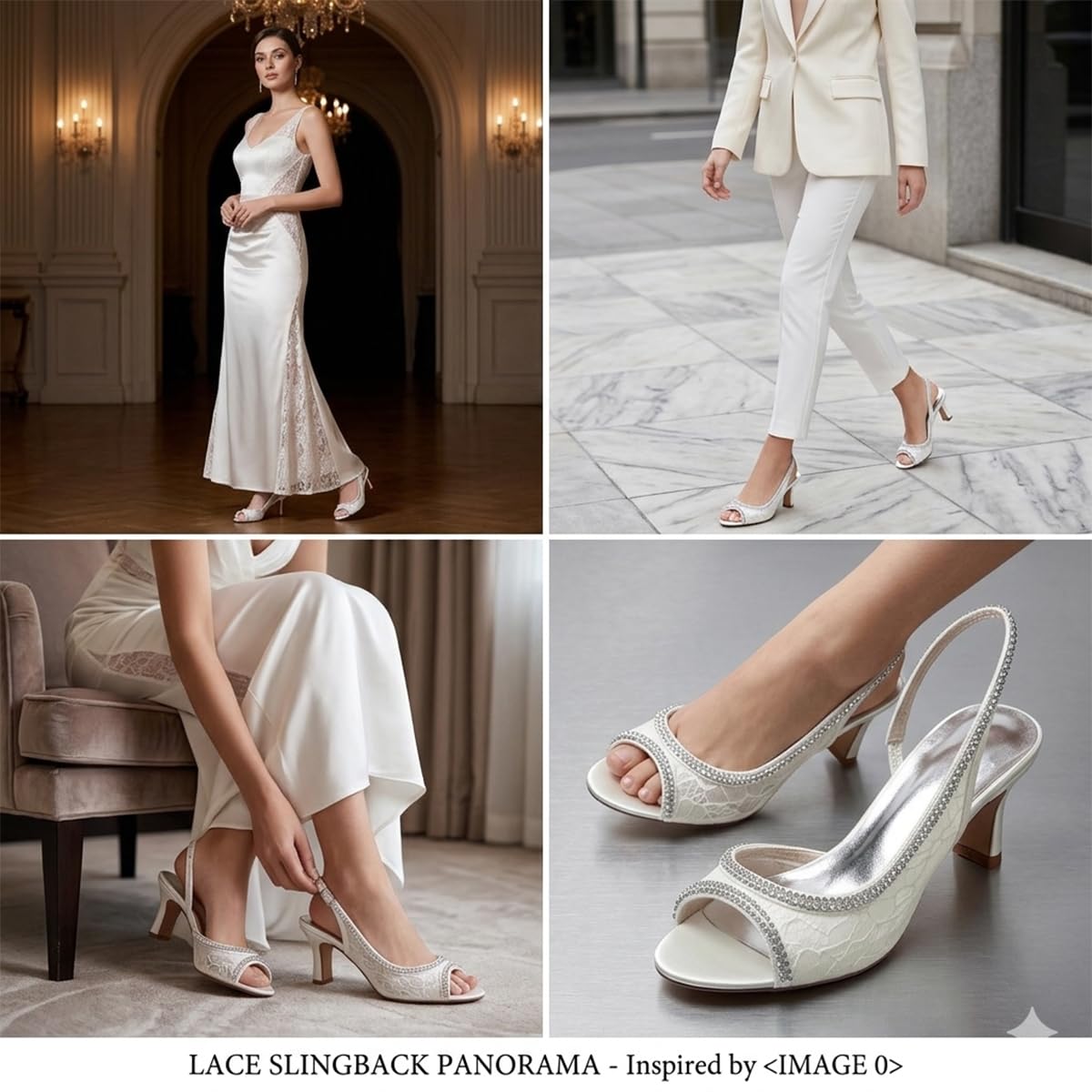 Sandali Donna in Pizzo Slingback Avorio Scarpe da Sposa Open Toe Tacco Medio con Bordo in Strass Elegante Calzature Cerimonia e Gala