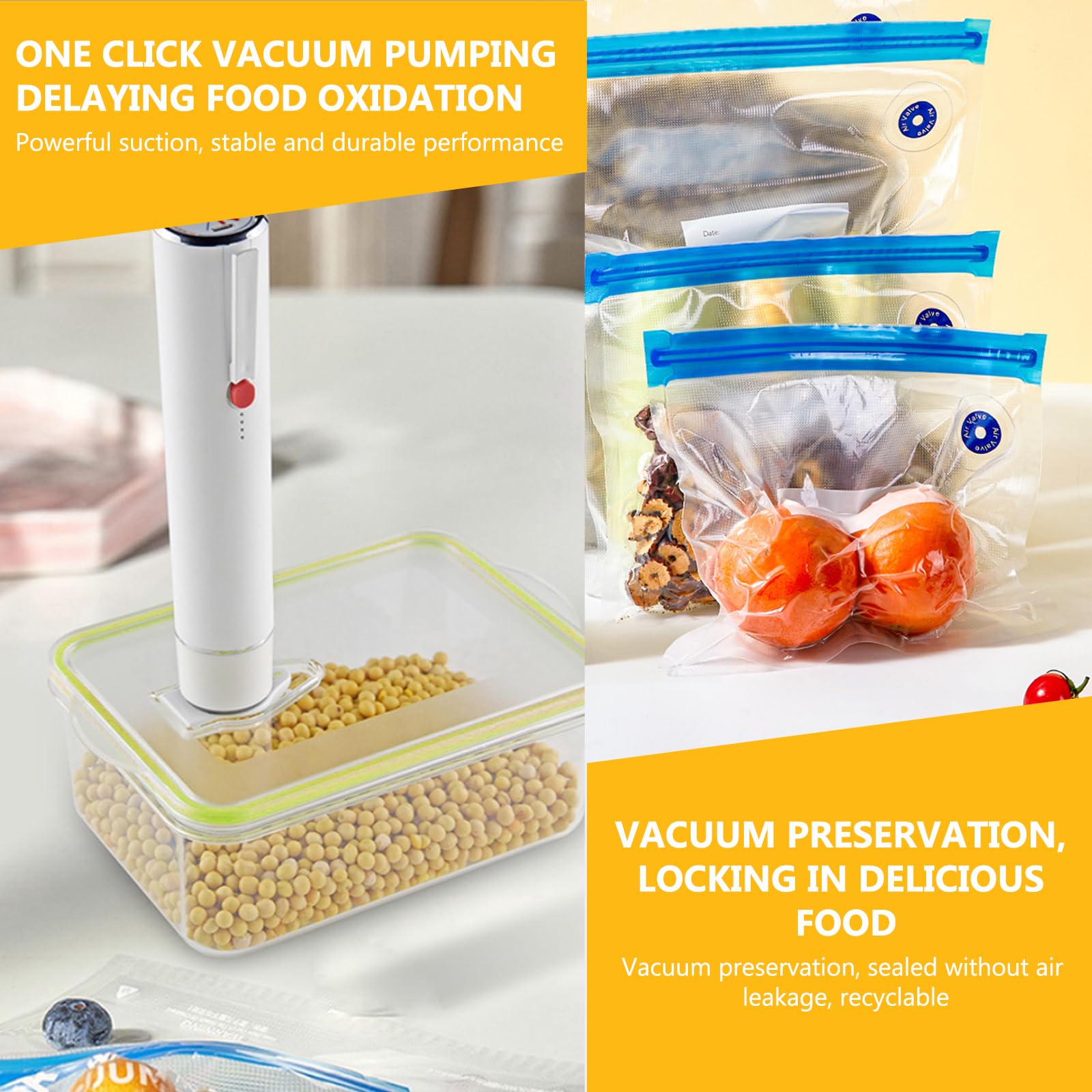 Pratico dispositivo per sottovuoto a mano, per alimenti, 60 kPa, senza fili, con 30 sacchetti sottovuoto per cucina, viaggi, campeggio