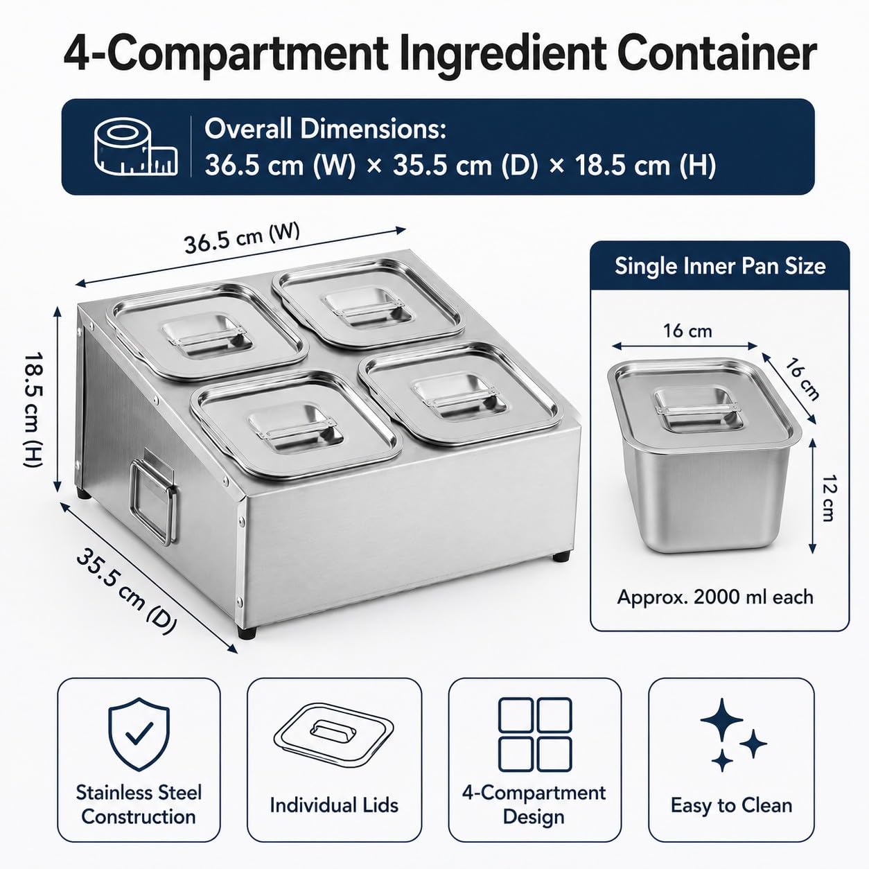 Porta Ingredienti Pizza in Acciaio Inox con Coperchio – Contenitore per Condimenti Refrigerato, Vaschette Gastronom Modulari 4 Scomparti, per Pizzeria e Preparazione Ingredienti