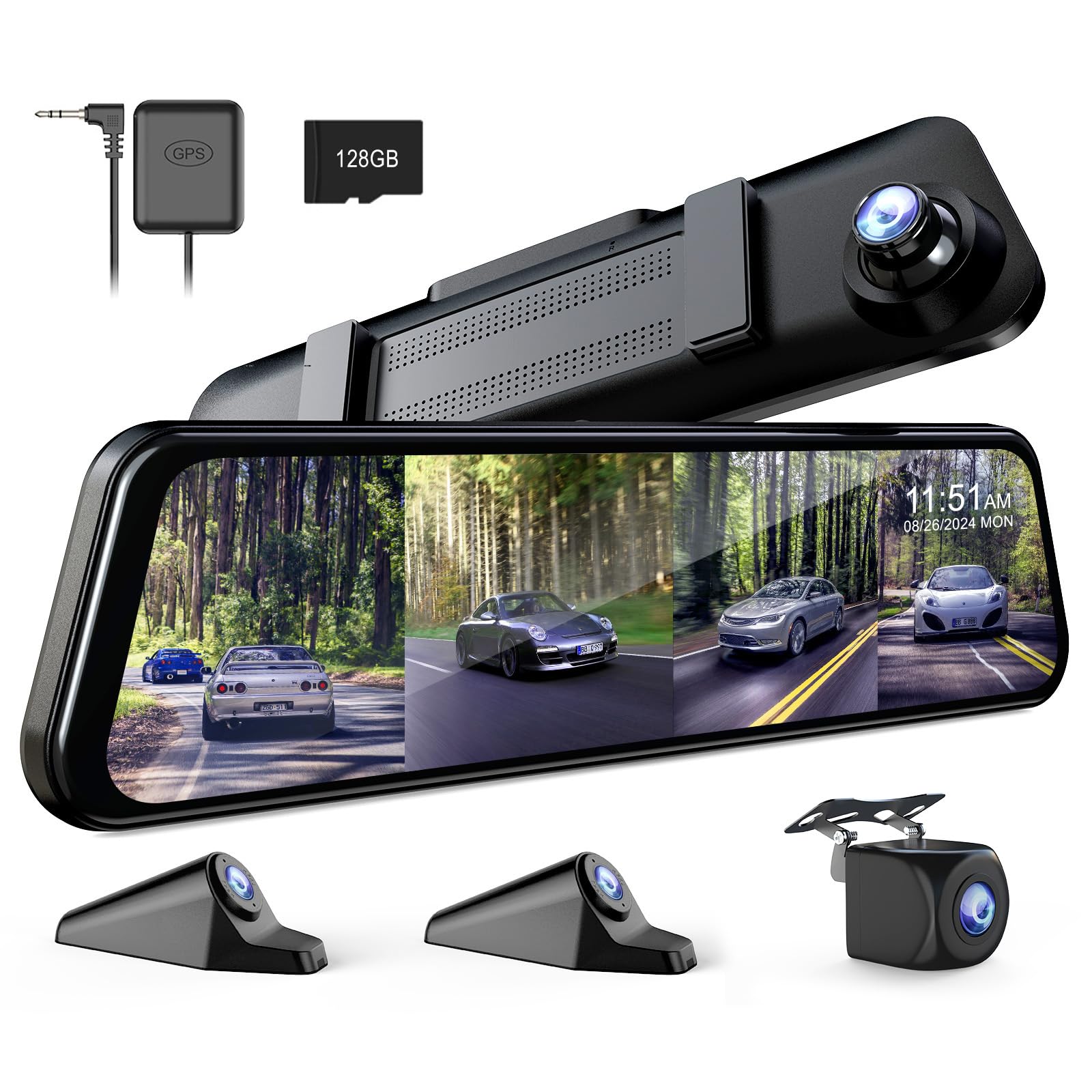 Lusterkowa kamera samochodowa 360° 4-kanałowa z oddzielnymi kamerami, 4-stronne nagrywanie, ekran 12" 4×FHD 1080P, widzenie w nocy, GPS, monitoring parkowania, karta 128GB gratis