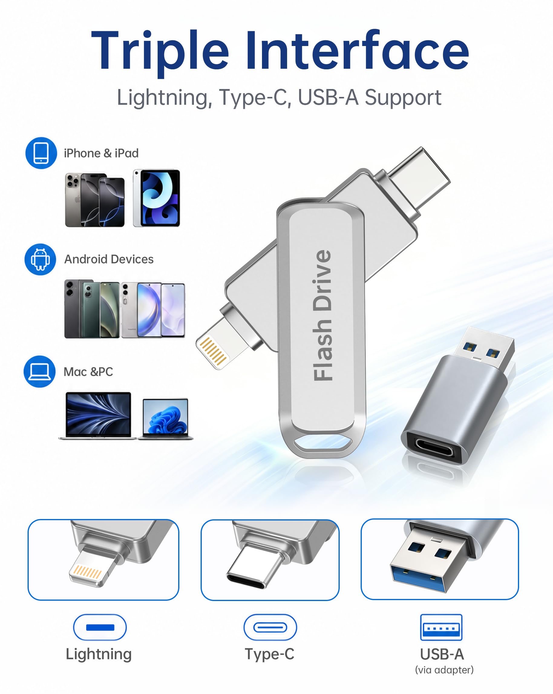 Chiavetta USB da 512 GB certificata MFI (argento), compatibile con iPhone, iPad, Android e PC, flash portatile 3 in 1, chiavetta USB, memoria per foto, archiviazione dati con ~ 484 GB di spazio