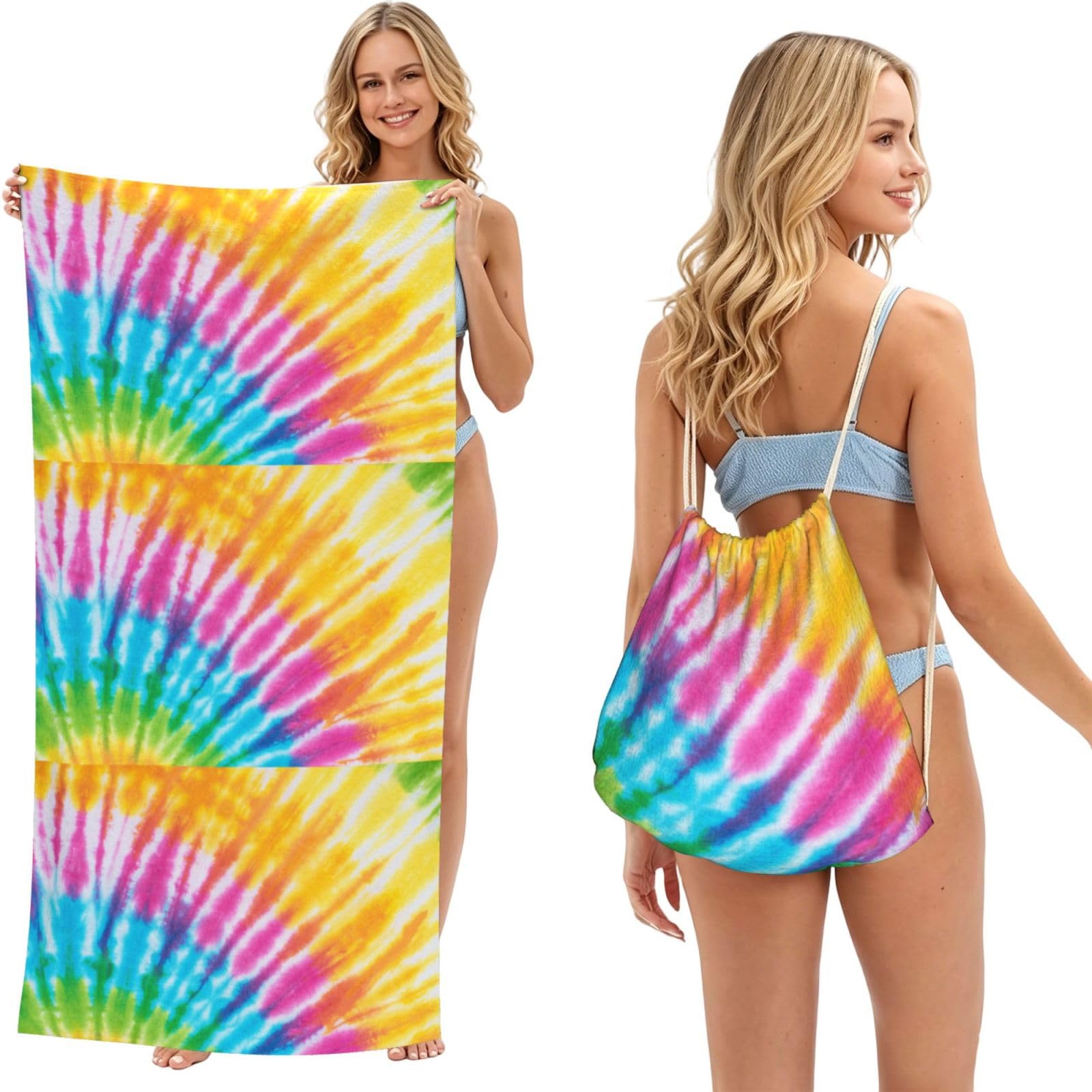 Poadnly As Picture Colorful Spiral Tie Dye Rainbow, 2 In 1 Packable Towel Bag, Beach Towels With Drawstring Backpack For Travel Holiday Camping