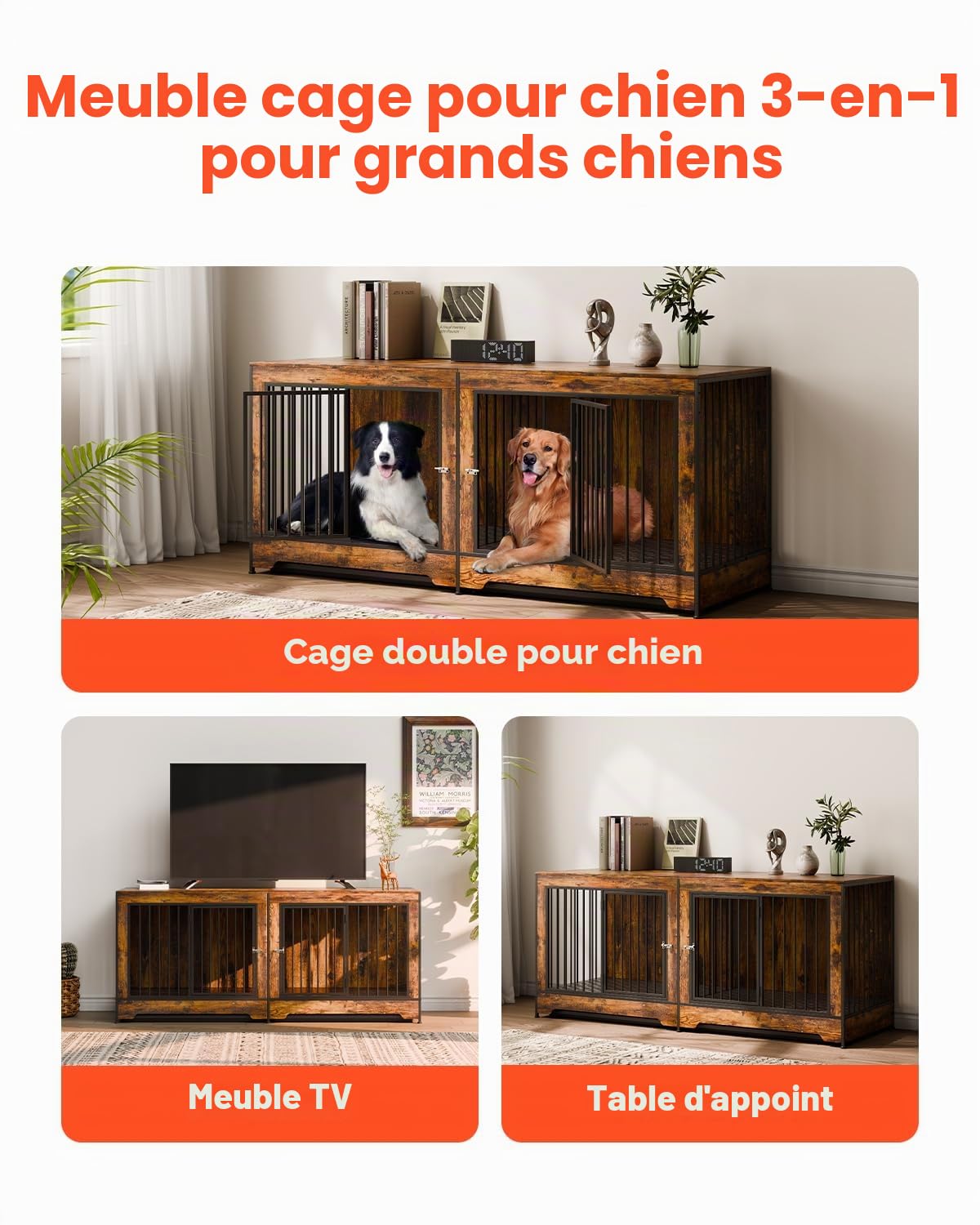 VEVOR Cage pour Chien 1901x670x824 mm Meuble Cage Chien en Bois Intérieur Multi-usages avec Double Porte, Séparateur, Plateau Amovible, Table d'Appoint pour Chiens de Taille Moyenne Grande, Marron