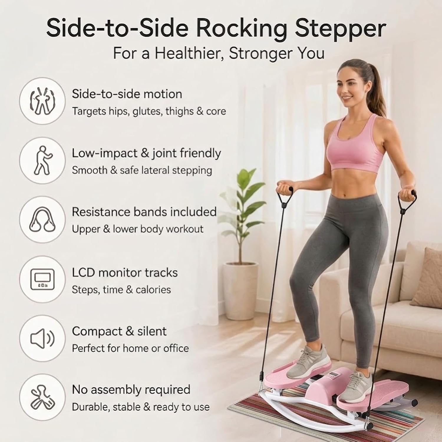 Rock Stepper, Rock Stepper Side to Side with Resistance Bands & Silent Anti-Slip Mat, Stair Stepper for Exercise at Home