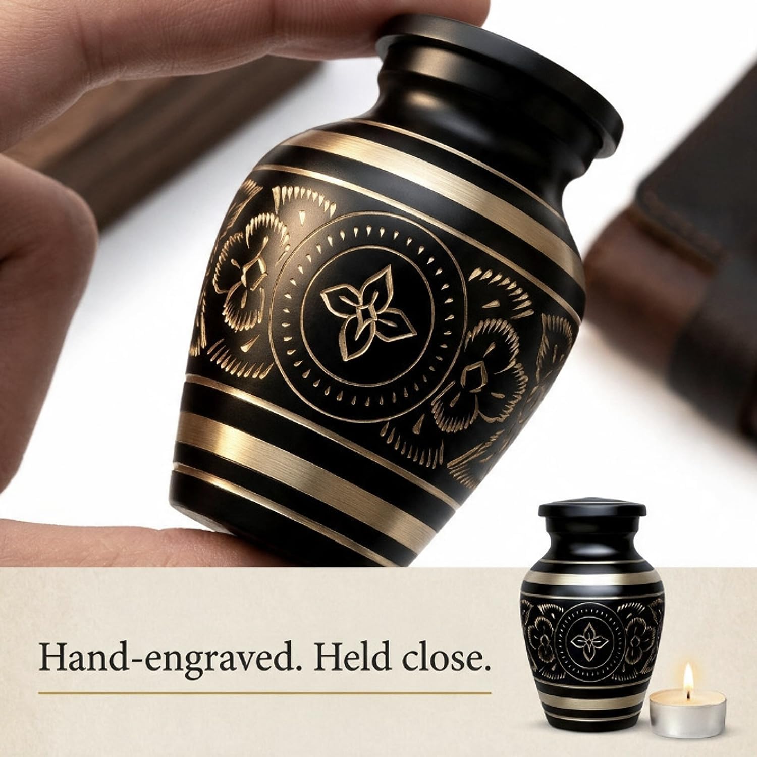 Small Urns for Human Ashes – Brass Hand-Engraved Funeral Keepsake with Elegant Black Finish – Mini Cremation Memorial for Mom, Dad & Loved Ones