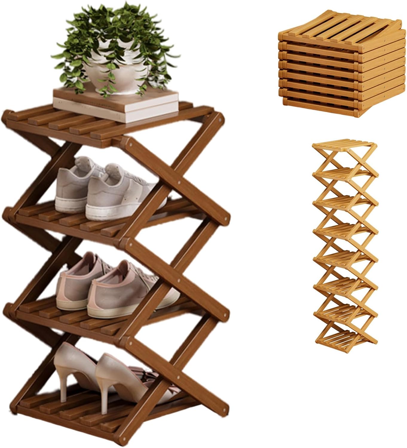 The 9-Tier No-Assembly Bamboo Rack for Shoes, Foldable 9 Tier Bamboo Shoe Rack, Collapsible Shoe Rack, Space-Saving, No Assembly Narrow Shoe Shelf for Entryway Closet Dorm (Brown, 8 Layers)
