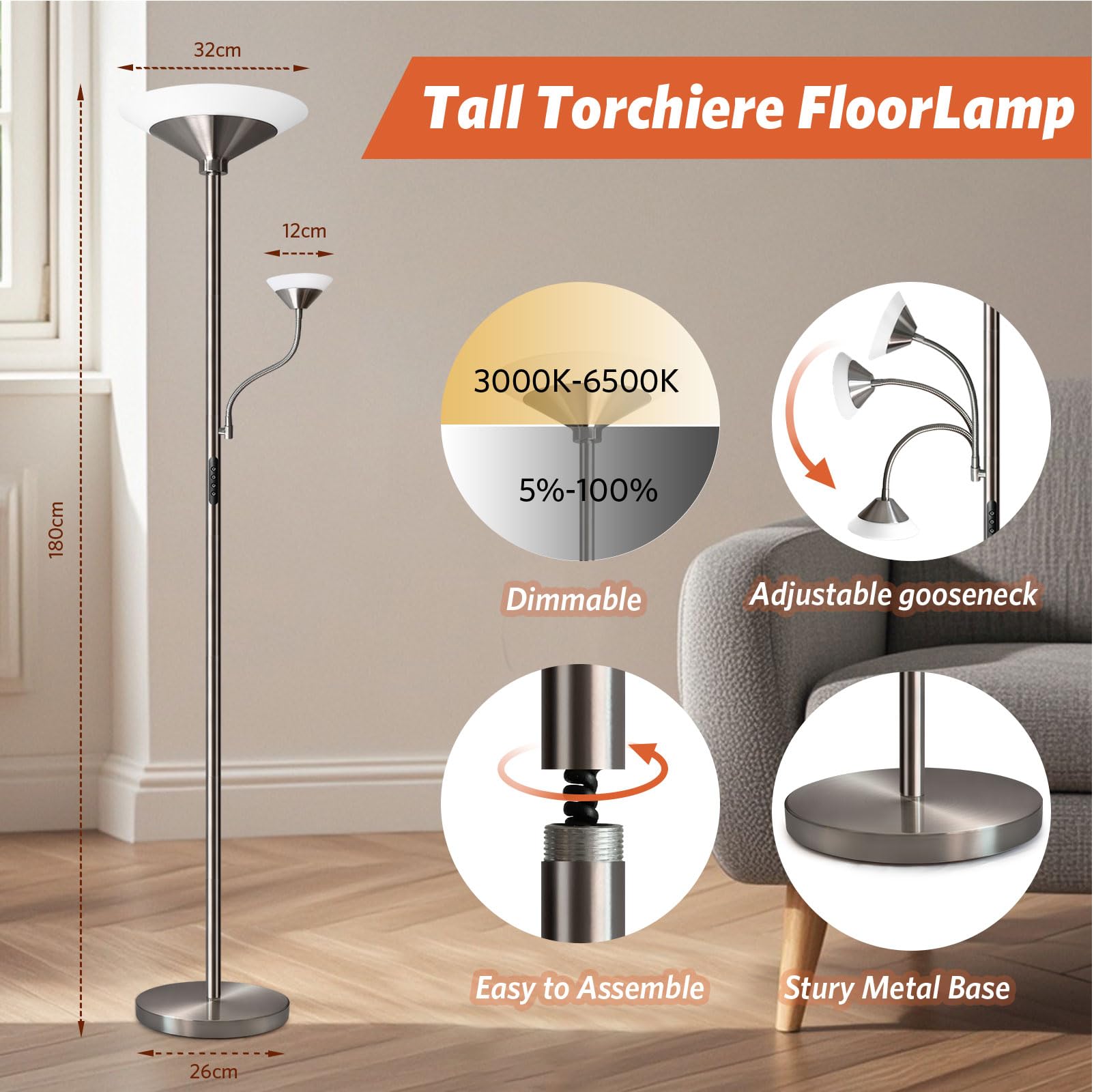 BBHome Stehlampe Wohnzimmer LED, 27W Deckenfluter LED Dimmbar mit 6W leselampe, 3000K-6500K Moderne Dimmbar Stehlampe mit Fernbedienung & Berührung für Wohnzimmer, Schlafzimmer, Büro (silber)
