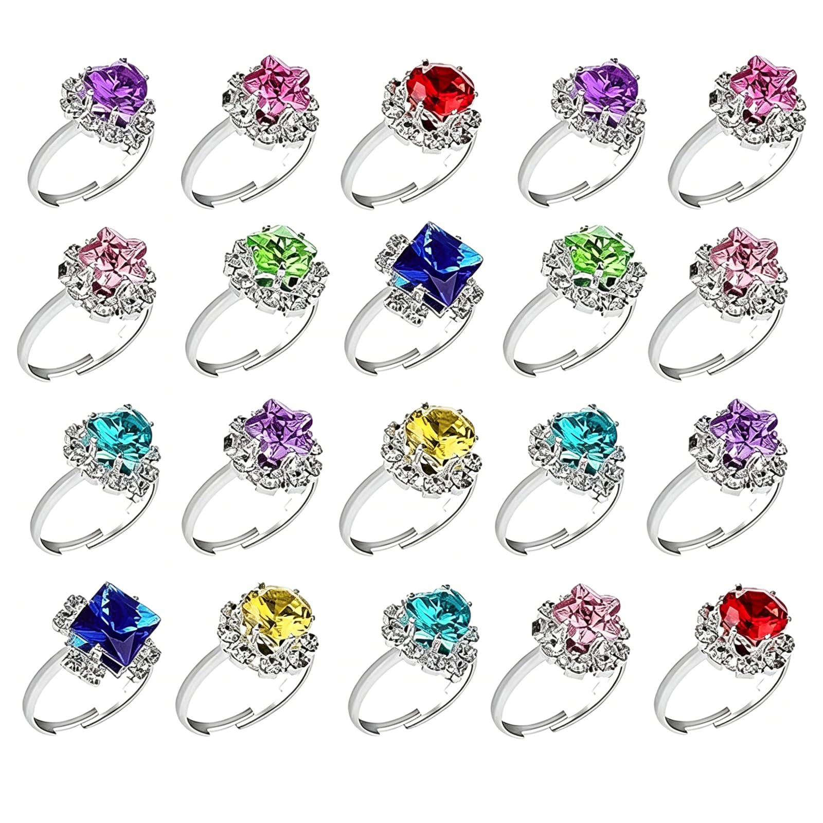 CYunhui 20 Pcs Crystal Adjustable Rings, Plastic Party Rings, Sparkling Kids Rings for Girls, Plastic Ring Jewelry Set for Party Favors Dress-Up Toys for Girls Birthday Goodie Bag Fillers